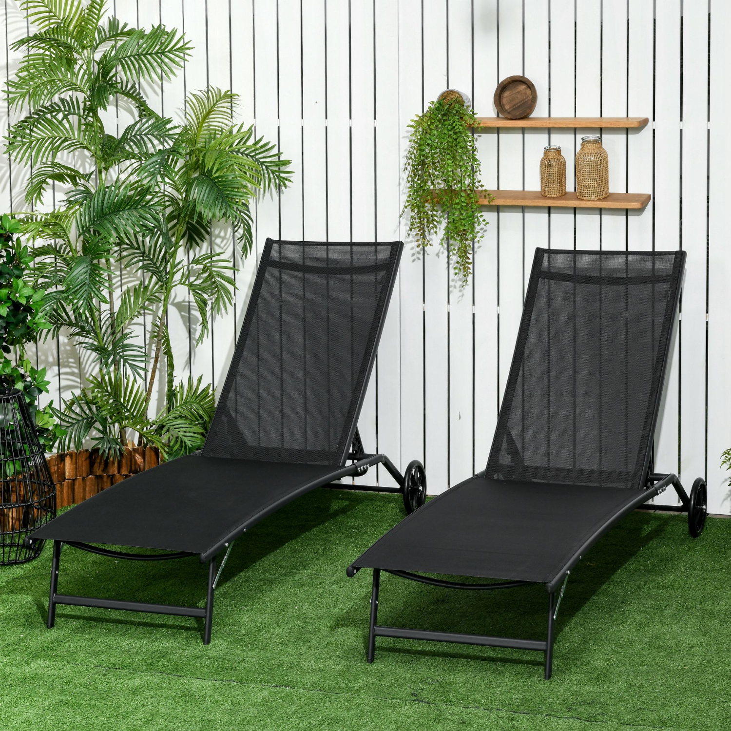 Outsunny Lounge Chair Set of 2 with Wheels, Outdoor Chaise Lounge with 5-Level Adjustable Backrest for Garden, Backyard, Patio, Deck, Poolside, Black