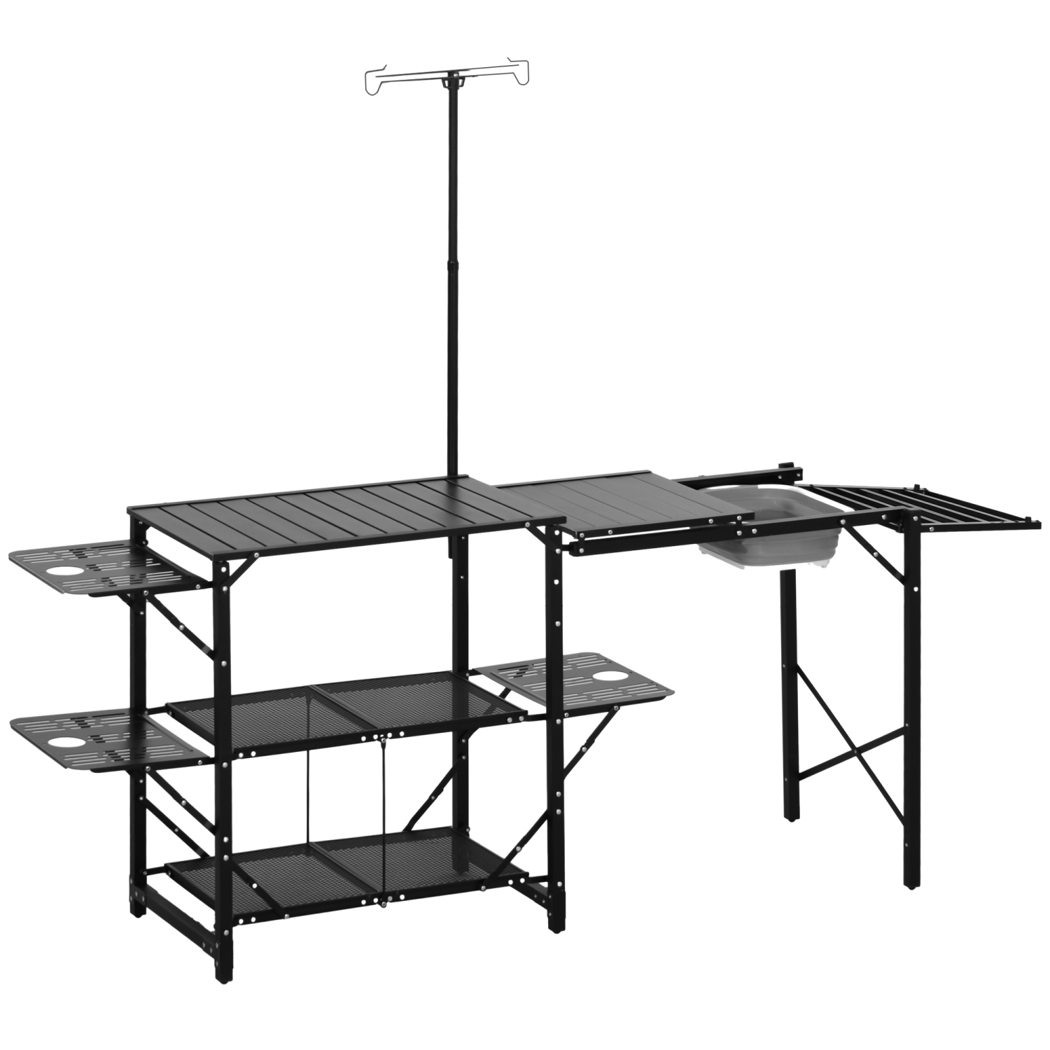 Outsunny Camping Kitchen Table, Folding Portable Cook Station, Aluminum Camping Table with Carrying Bag, 3 Side Tables, 2 Shelves and Detachable Sink