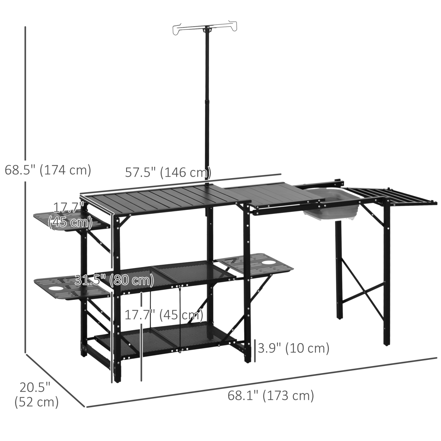 Outsunny Camping Kitchen Table, Folding Portable Cook Station, Aluminum Camping Table with Carrying Bag, 3 Side Tables, 2 Shelves and Detachable Sink
