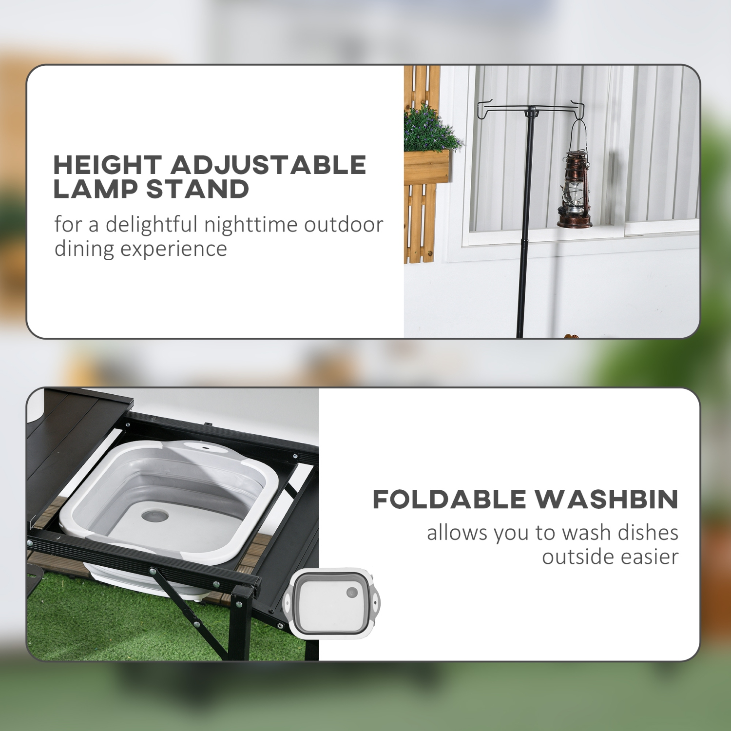 Outsunny Camping Kitchen Table, Folding Portable Cook Station, Aluminum Camping Table with Carrying Bag, 3 Side Tables, 2 Shelves and Detachable Sink