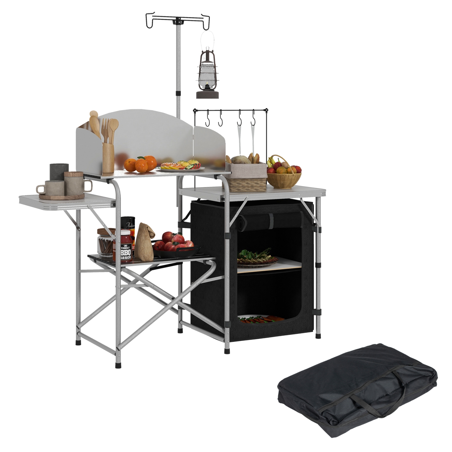 Outsunny Folding Camping Kitchen with Storage Organizer, Portable Camping Table, Aluminum Camp Cook Station with Windshield, Light Stand, Carrying