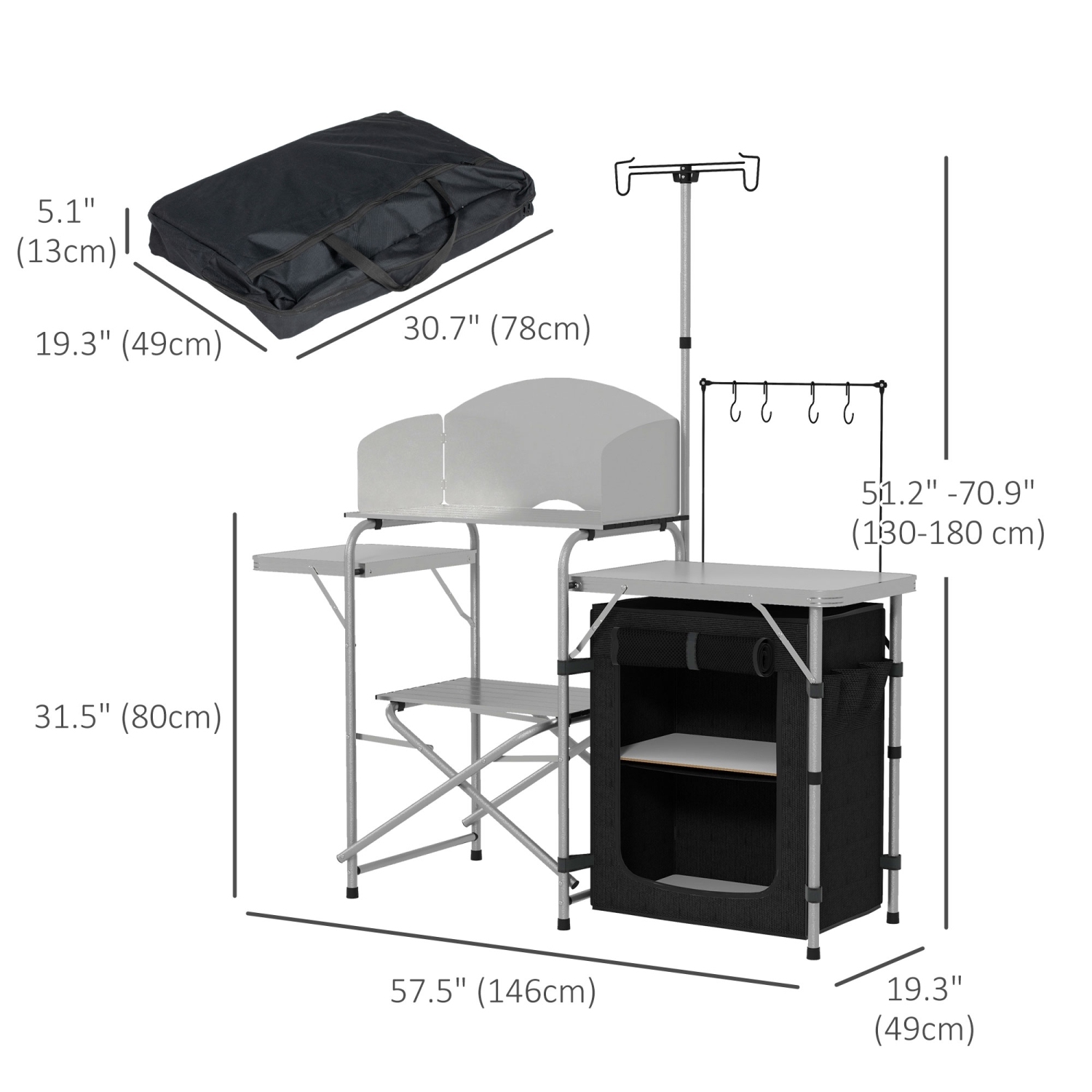 Outsunny Folding Camping Kitchen with Storage Organizer, Portable Camping Table, Aluminum Camp Cook Station with Windshield, Light Stand, Carrying