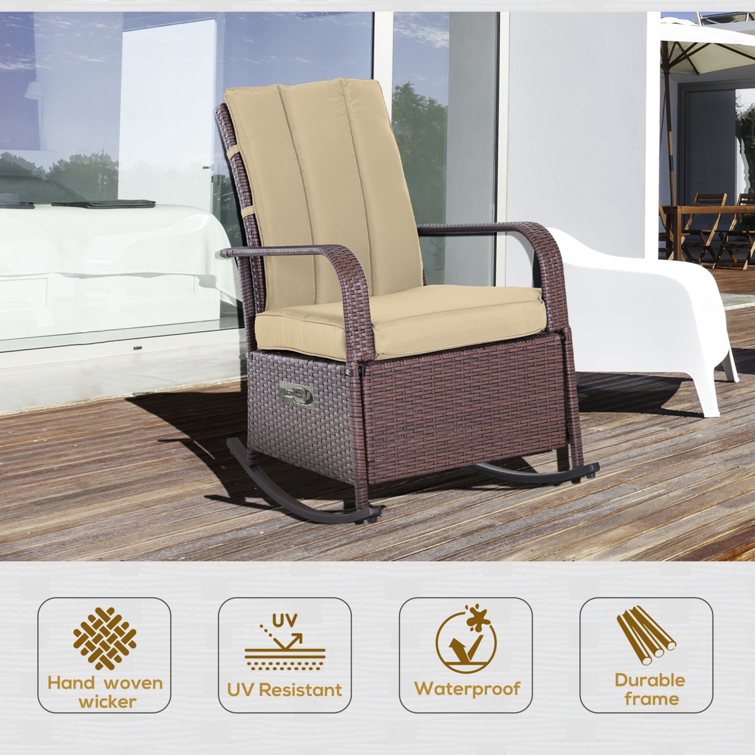 Fauteuil berçant en osier avec coussin Outsunny, fauteuil inclinable en rotin de polyéthylène patio avec repose-pieds réglable, accoudoirs, kaki