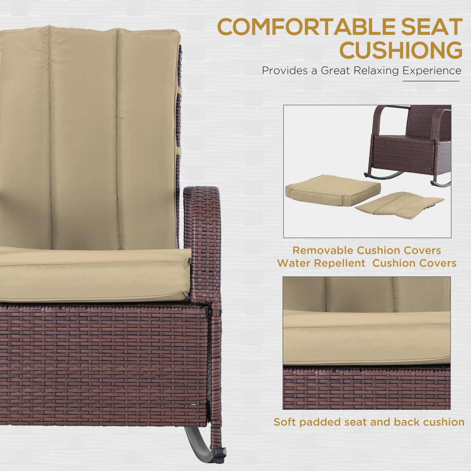 Fauteuil berçant en osier avec coussin Outsunny, fauteuil inclinable en rotin de polyéthylène patio avec repose-pieds réglable, accoudoirs, kaki