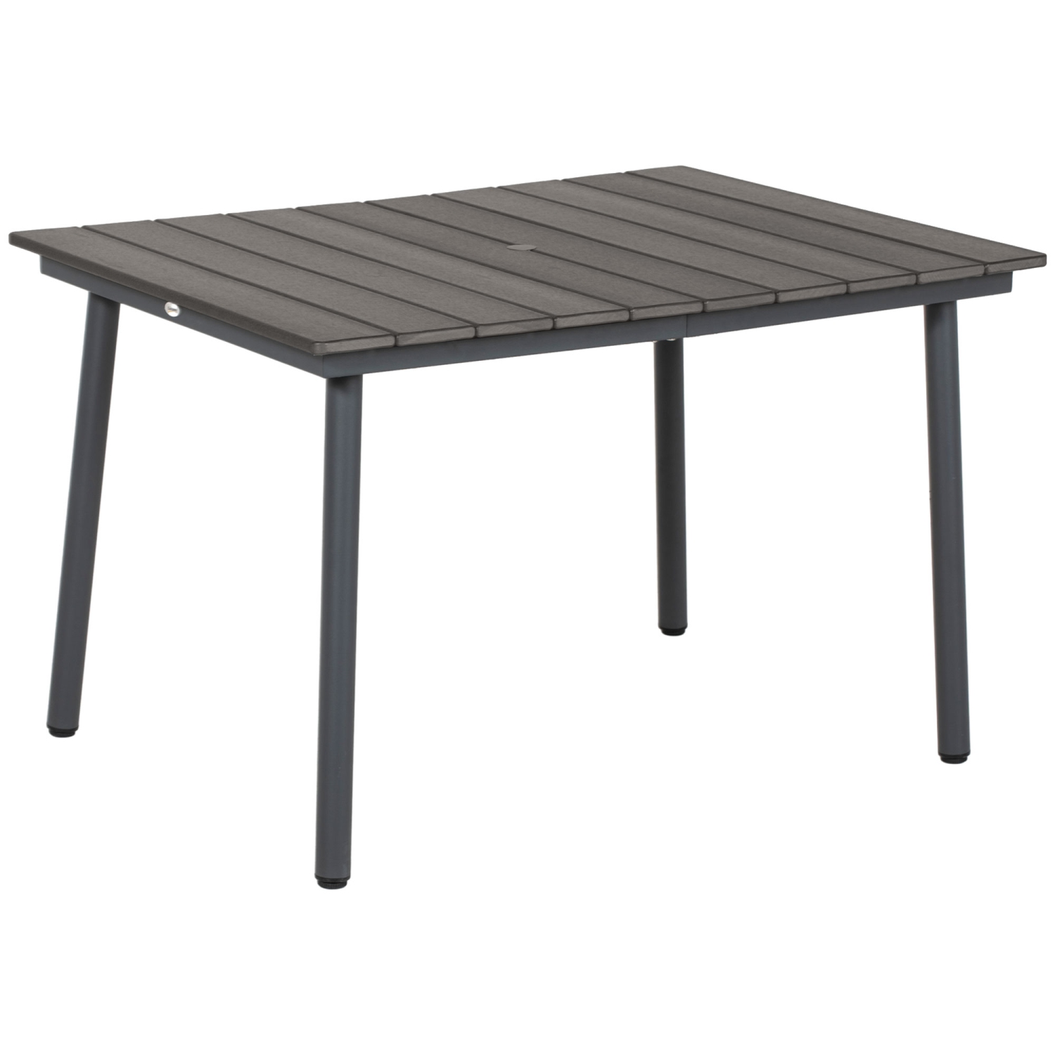 Outsunny 47" Outdoor Dining Table, Rectangle Garden Table for 6 People with Umbrella Hole, Aluminium Frame, HDPE Table Top, Slatted Design Patio