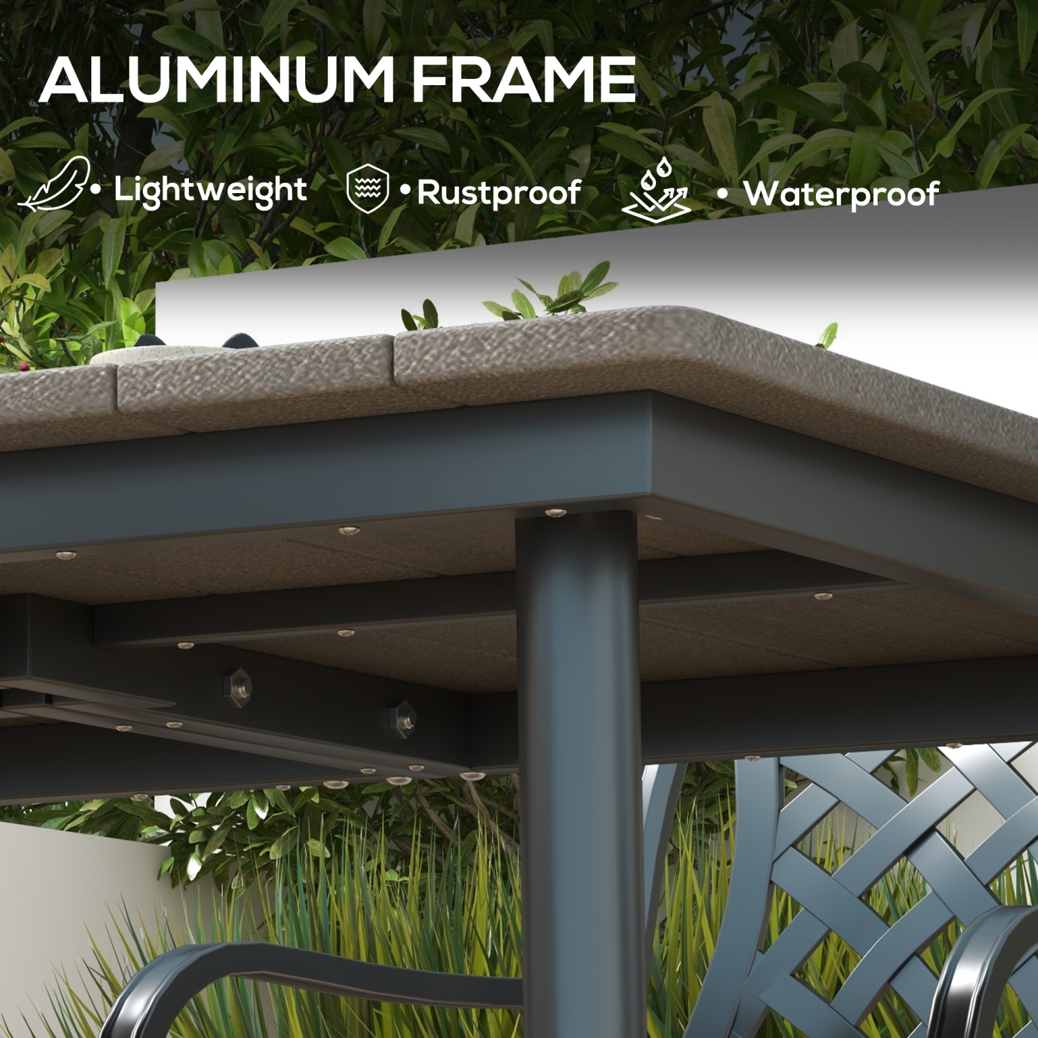 Outsunny 47" Outdoor Dining Table, Rectangle Garden Table for 6 People with Umbrella Hole, Aluminium Frame, HDPE Table Top, Slatted Design Patio