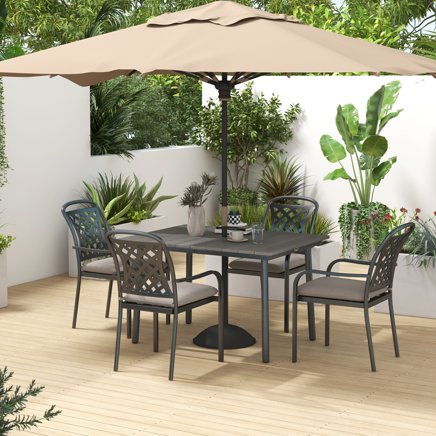 Outsunny 47" Outdoor Dining Table, Rectangle Garden Table for 6 People with Umbrella Hole, Aluminium Frame, HDPE Table Top, Slatted Design Patio