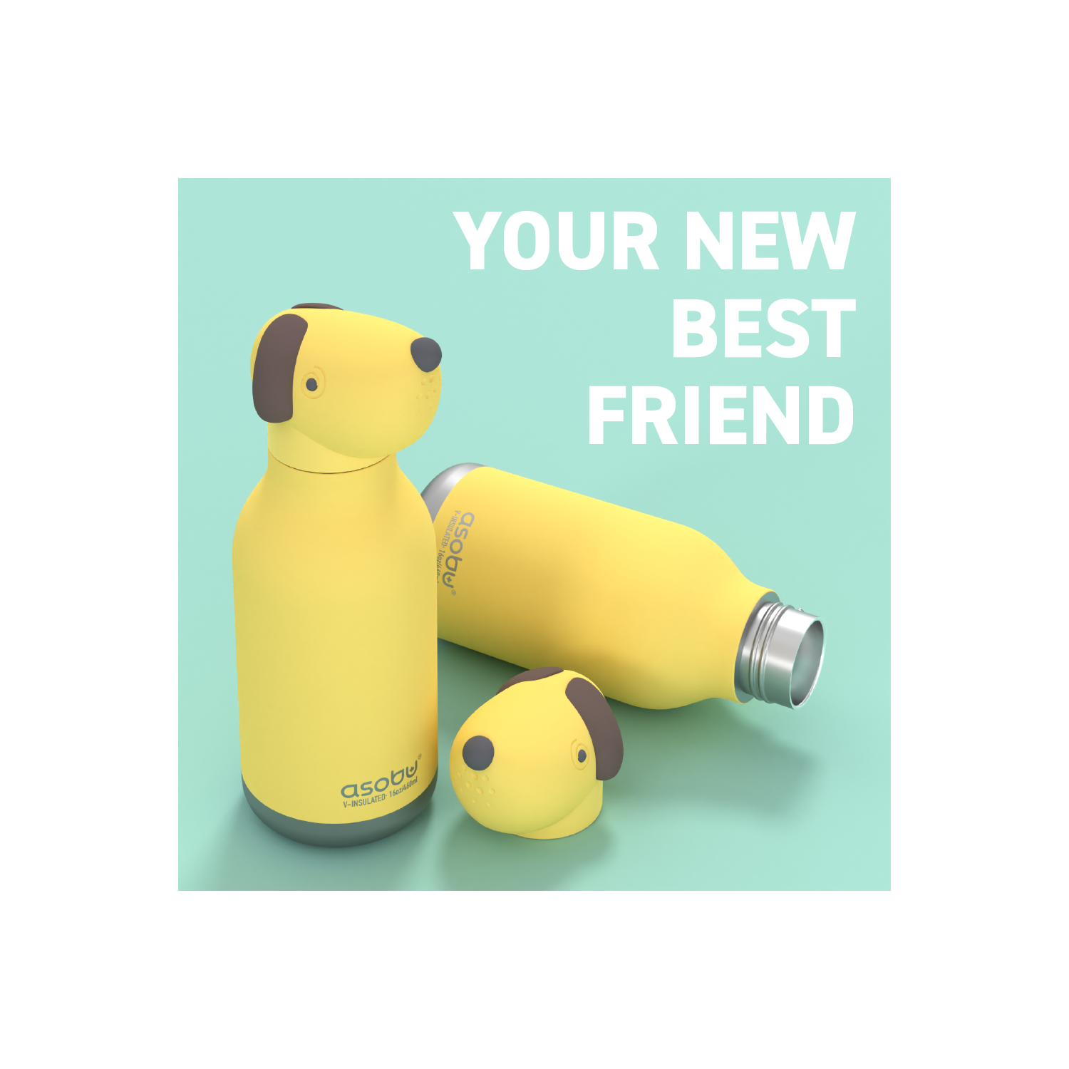 Bouteille d'eau isotherme pour enfants avec tête d'animal douce amovible de 16 oz d'Asobu Bestie