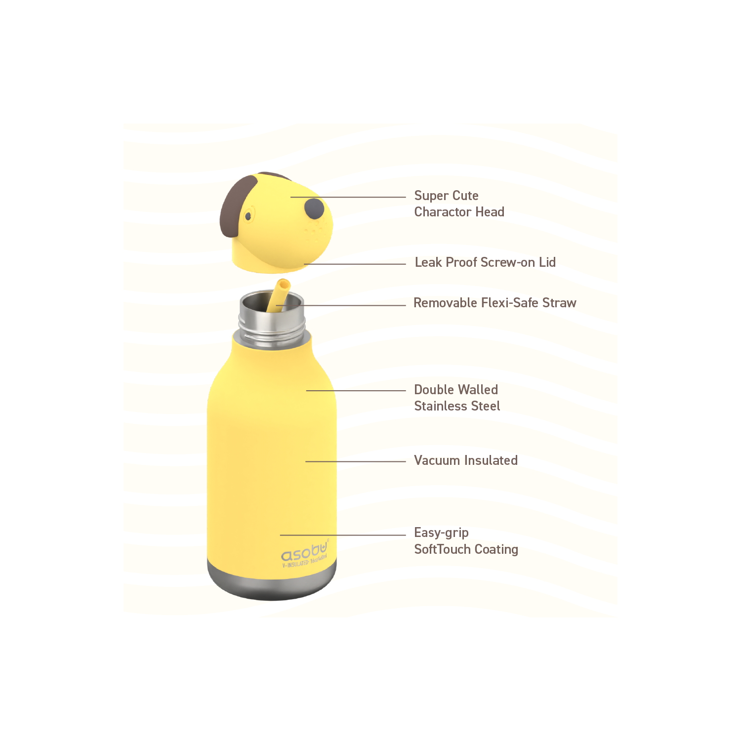 Bouteille d'eau isotherme pour enfants avec tête d'animal douce amovible de 16 oz d'Asobu Bestie