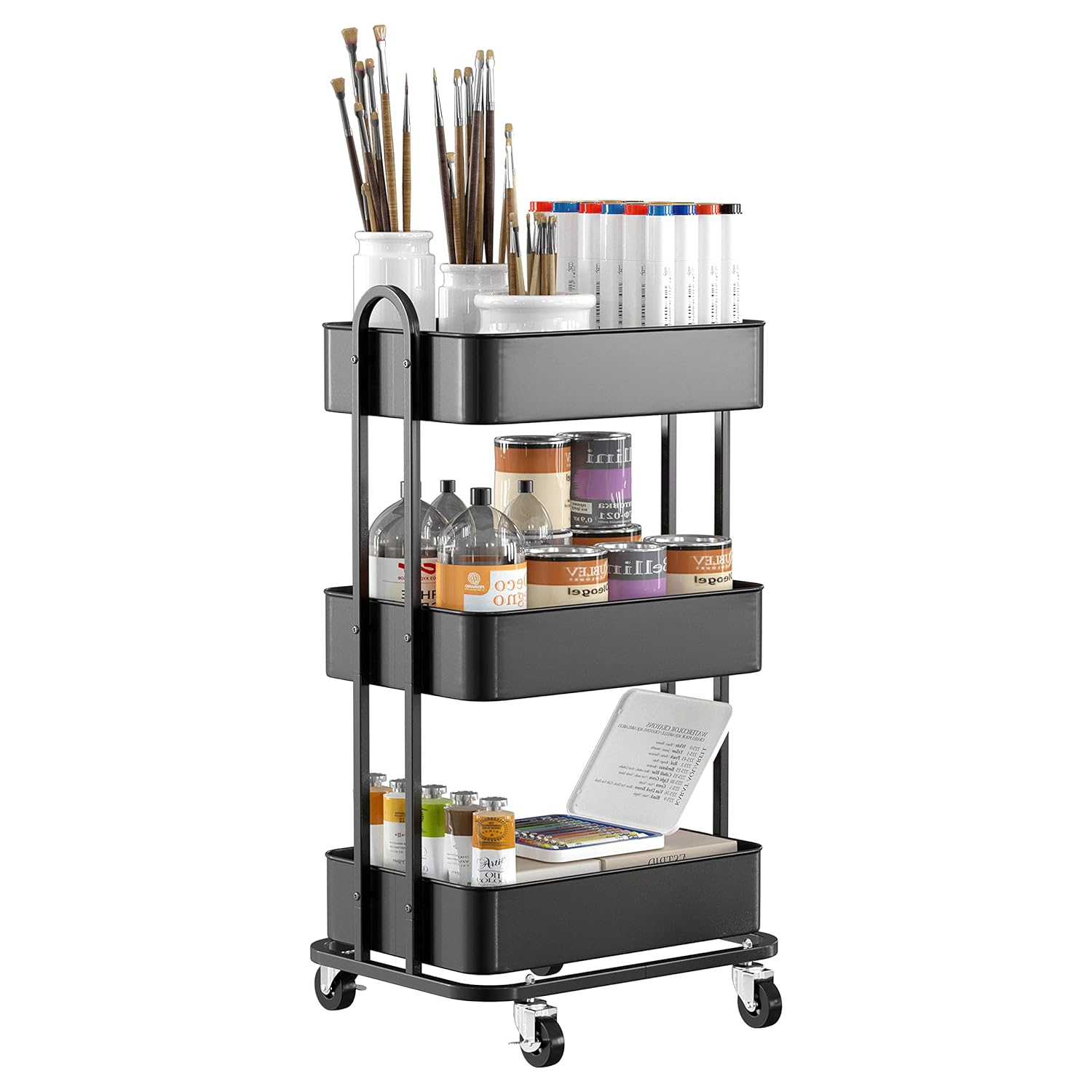 Full Metal 3-Tier Utility Rolling Cart: Organizer for Office, Bathroom, Kitchen (Black)