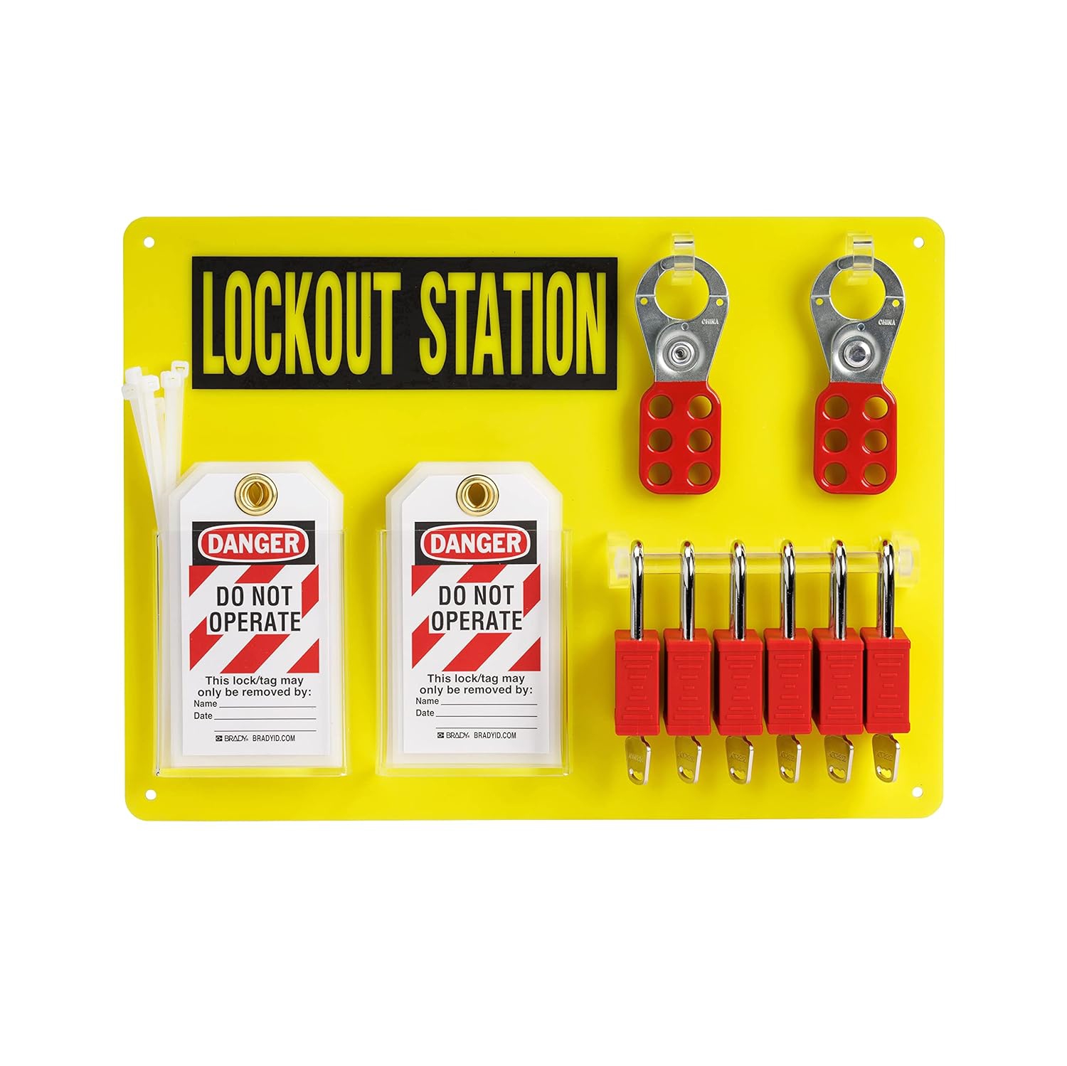 BRADY Lockout Tagout Station with Loto Devices. Lock Out Tag Out Kit Board with 6 Keyed Different Safety Lock Set, Hasps for Padlocks