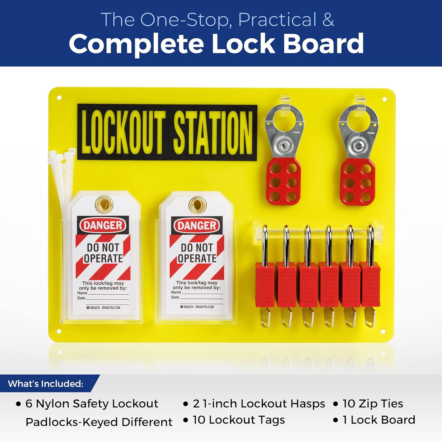 BRADY Lockout Tagout Station with Loto Devices. Lock Out Tag Out Kit Board with 6 Keyed Different Safety Lock Set, Hasps for Padlocks