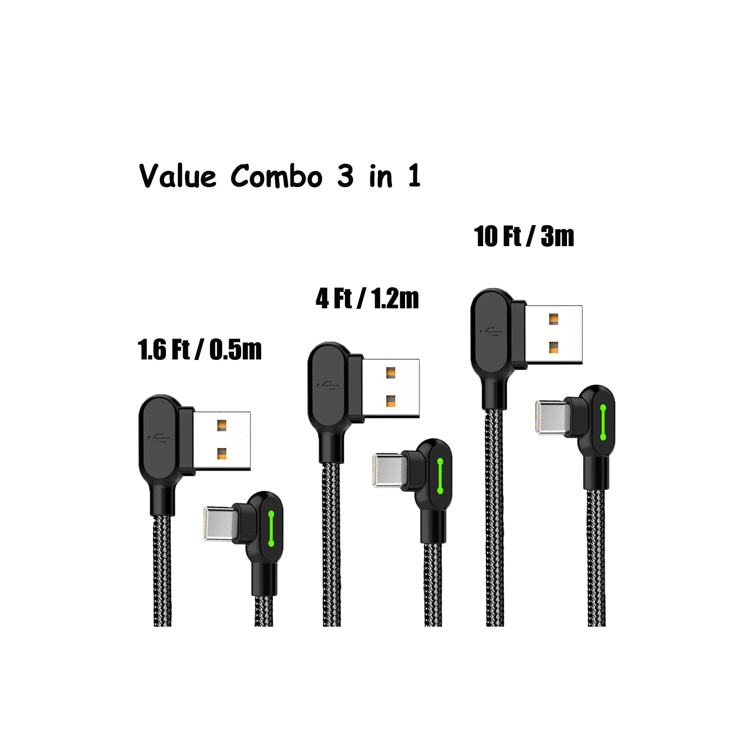 [3 Pack] Mcdodo USB-A to USB-C Fast Charging Cable USB 90 Degree Right Angle Gaming LED Nylon Braided for iPhone15/Samsung S24 S23