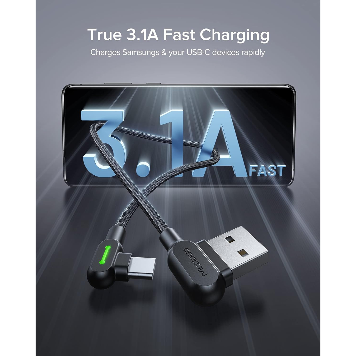 [3 Pack] Mcdodo USB-A to USB-C Fast Charging Cable USB 90 Degree Right Angle Gaming LED Nylon Braided for iPhone15/Samsung S24 S23