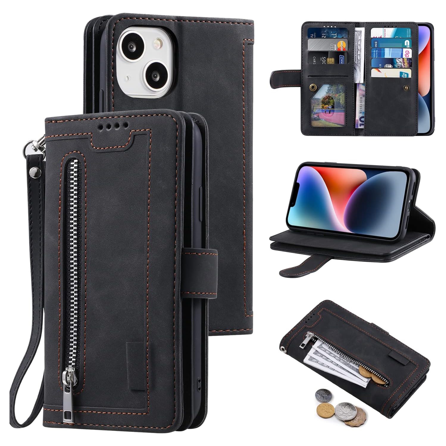 Wallet Case for iPhone 14,Retro Matte 9 Card Holder Slots Zipper Pocket Case PU Leather Magnetic Closure Kickstand with Wrist Strap Folio Flip