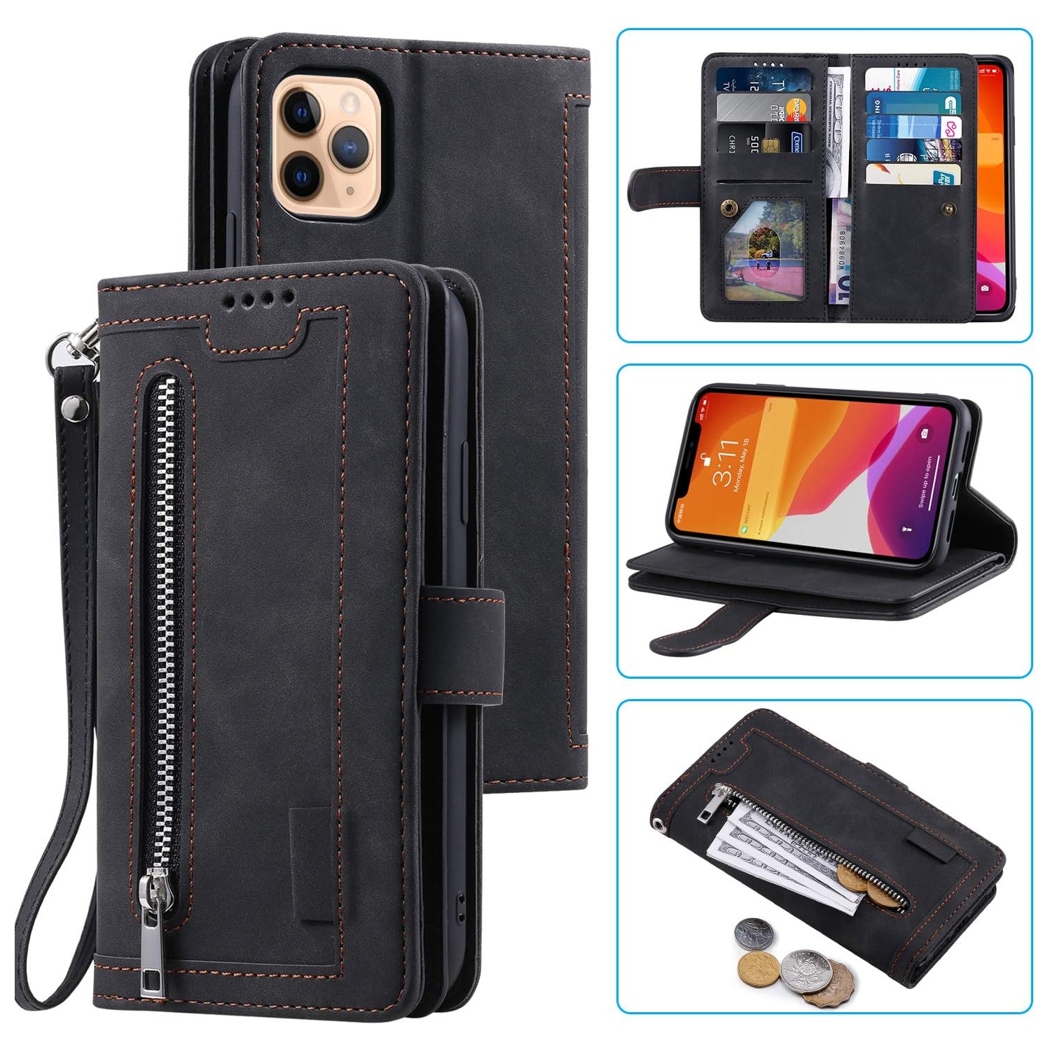 Wallet Case for iPhone 13 PRO, Retro Matte 9 Card Holder Slots Zipper Pocket Case PU Leather Magnetic Closure Kickstand with Wrist Strap Folio Flip
