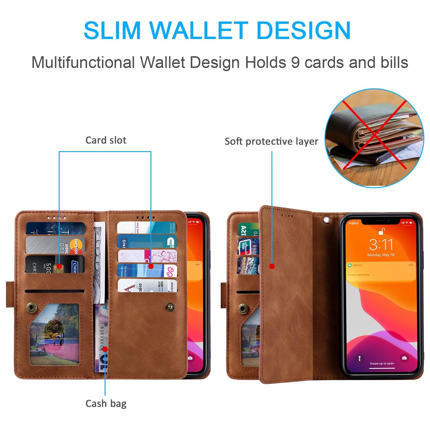 Wallet Case for iPhone 13 PRO, Retro Matte 9 Card Holder Slots Zipper Pocket Case PU Leather Magnetic Closure Kickstand with Wrist Strap Folio Flip
