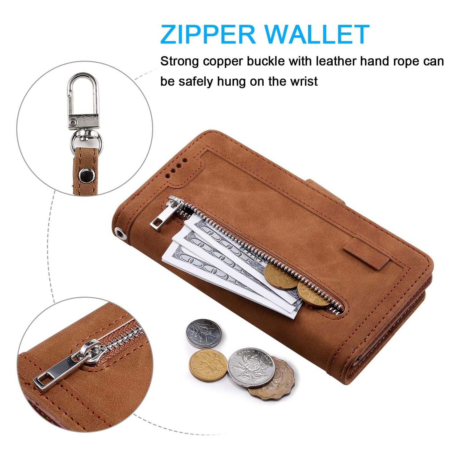 Wallet Case for iPhone 13 PRO, Retro Matte 9 Card Holder Slots Zipper Pocket Case PU Leather Magnetic Closure Kickstand with Wrist Strap Folio Flip