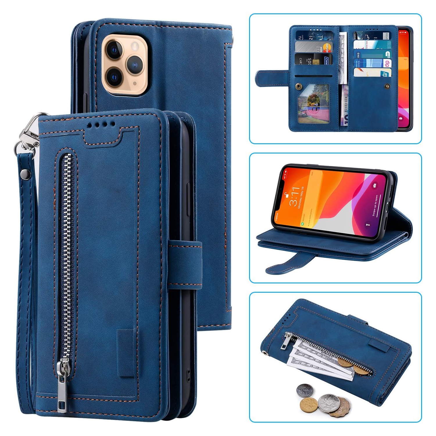 Wallet Case for iPhone 13 PRO, Retro Matte 9 Card Holder Slots Zipper Pocket Case PU Leather Magnetic Closure Kickstand with Wrist Strap Folio Flip