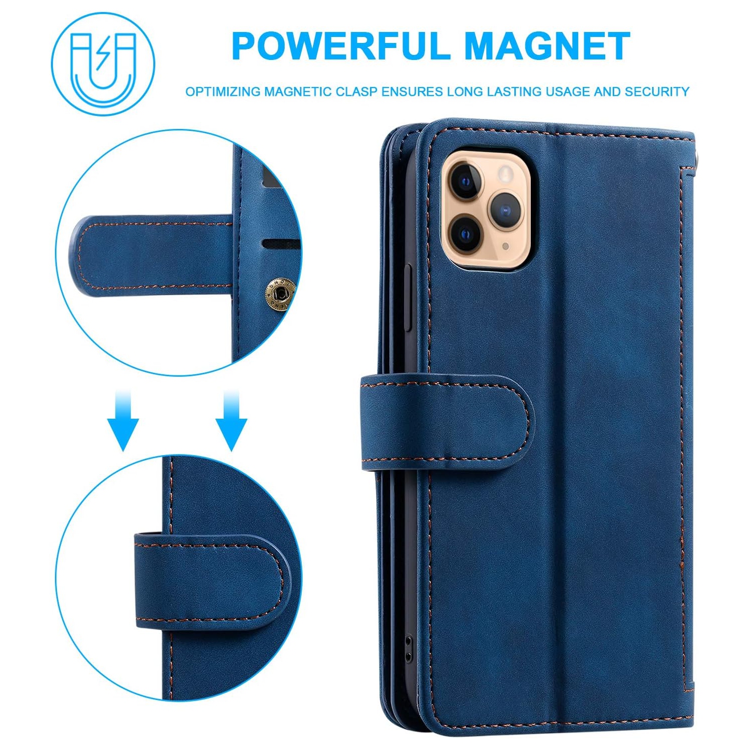 Wallet Case for iPhone 13 PRO, Retro Matte 9 Card Holder Slots Zipper Pocket Case PU Leather Magnetic Closure Kickstand with Wrist Strap Folio Flip