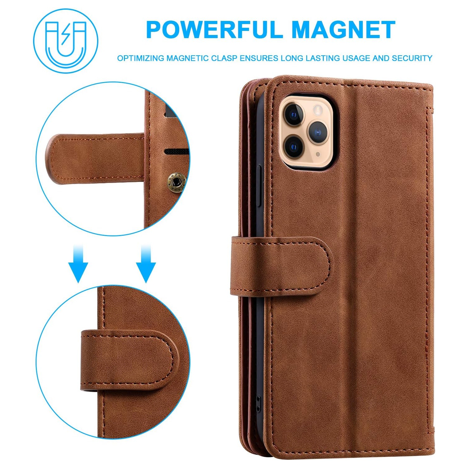 Wallet Case for iPhone 13 PRO MAX, Retro Matte 9 Card Holder Slots Zipper Pocket Case PU Leather Magnetic Closure Kickstand with Wrist Strap Folio
