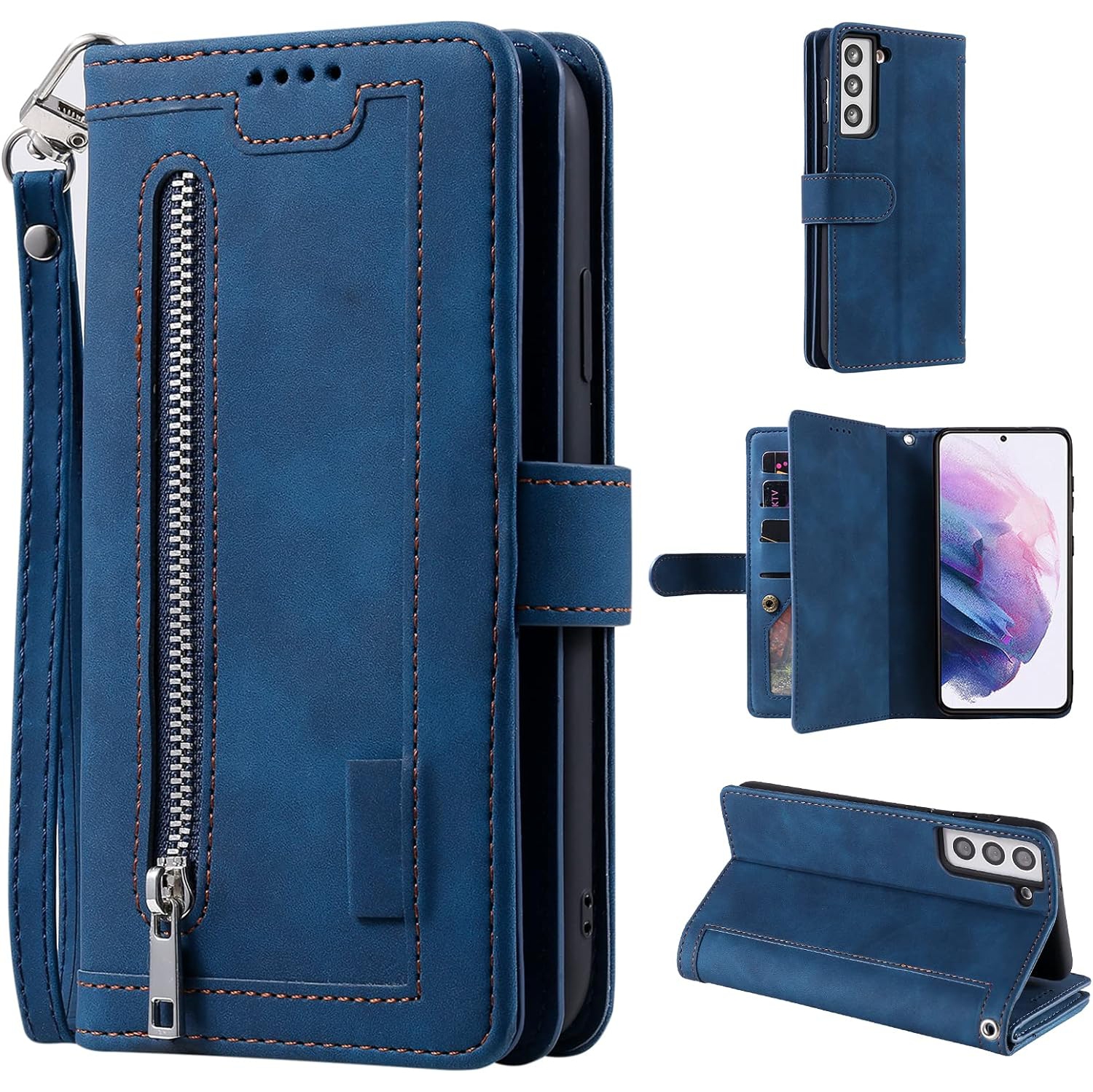 Wallet Case for Samsung S22, Retro Matte 9 Card Holder Slots Zipper Pocket Case PU Leather Magnetic Closure Kickstand with Wrist Strap Folio Flip