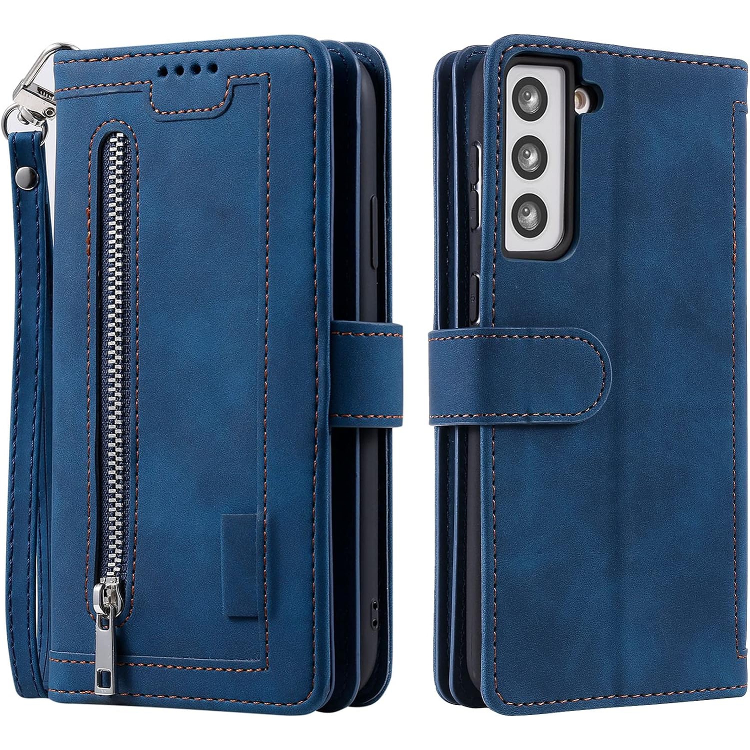 Wallet Case for Samsung S22, Retro Matte 9 Card Holder Slots Zipper Pocket Case PU Leather Magnetic Closure Kickstand with Wrist Strap Folio Flip