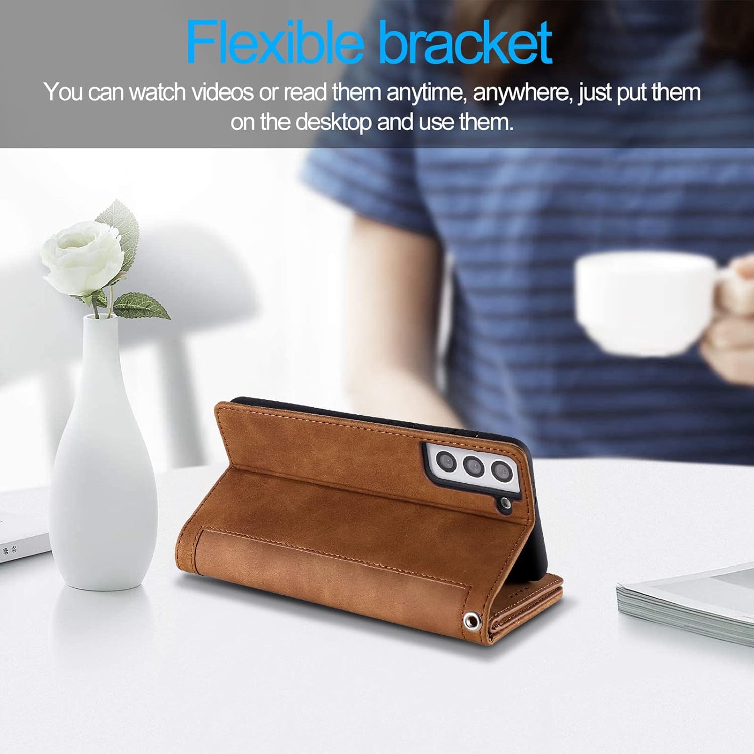 Wallet Case for Samsung S22, Retro Matte 9 Card Holder Slots Zipper Pocket Case PU Leather Magnetic Closure Kickstand with Wrist Strap Folio Flip