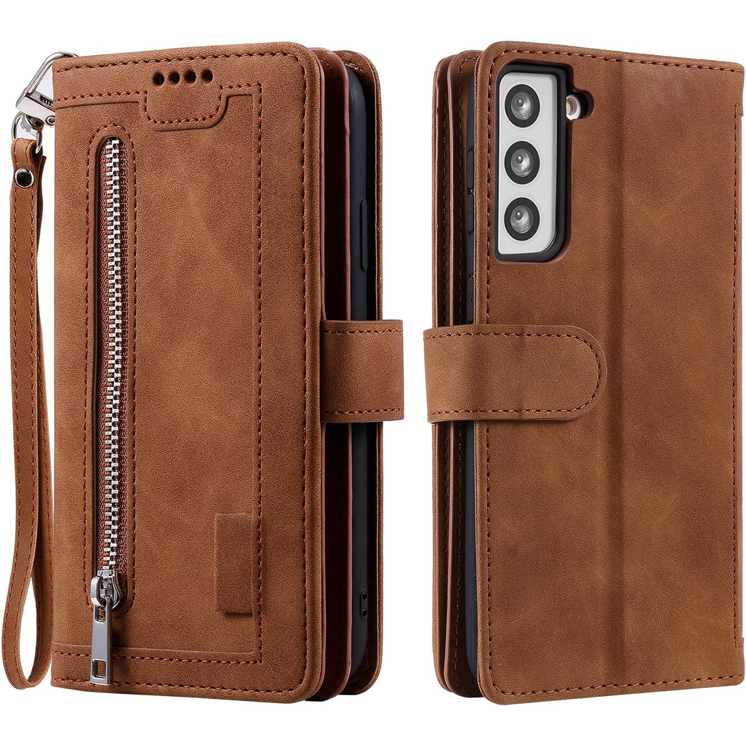 Wallet Case for Samsung S22, Retro Matte 9 Card Holder Slots Zipper Pocket Case PU Leather Magnetic Closure Kickstand with Wrist Strap Folio Flip