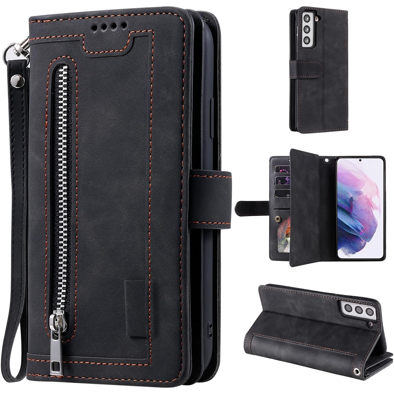 Wallet Case for Samsung S22, Retro Matte 9 Card Holder Slots Zipper Pocket Case PU Leather Magnetic Closure Kickstand with Wrist Strap Folio Flip