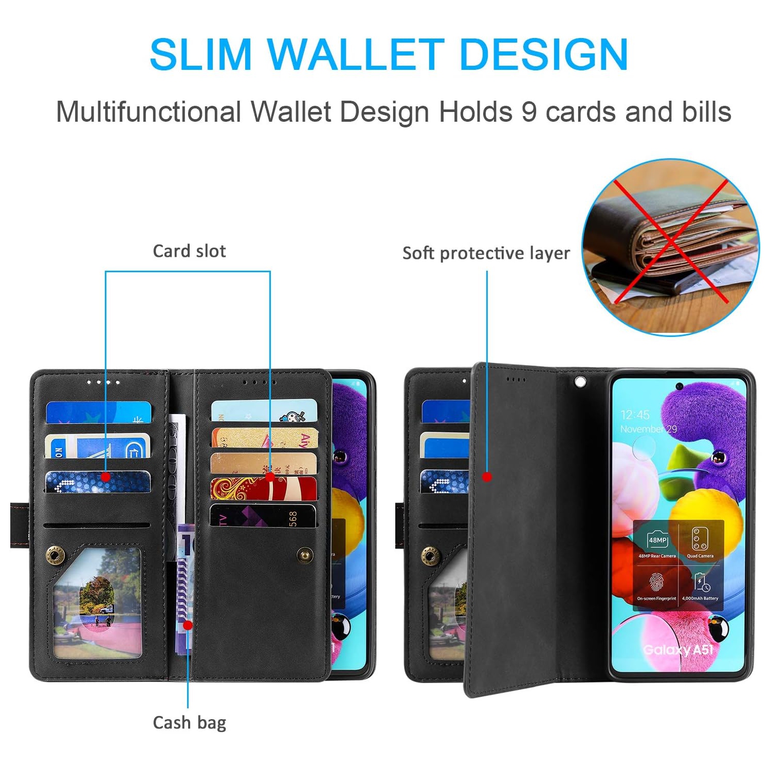 Wallet Case for Samsung S22, Retro Matte 9 Card Holder Slots Zipper Pocket Case PU Leather Magnetic Closure Kickstand with Wrist Strap Folio Flip