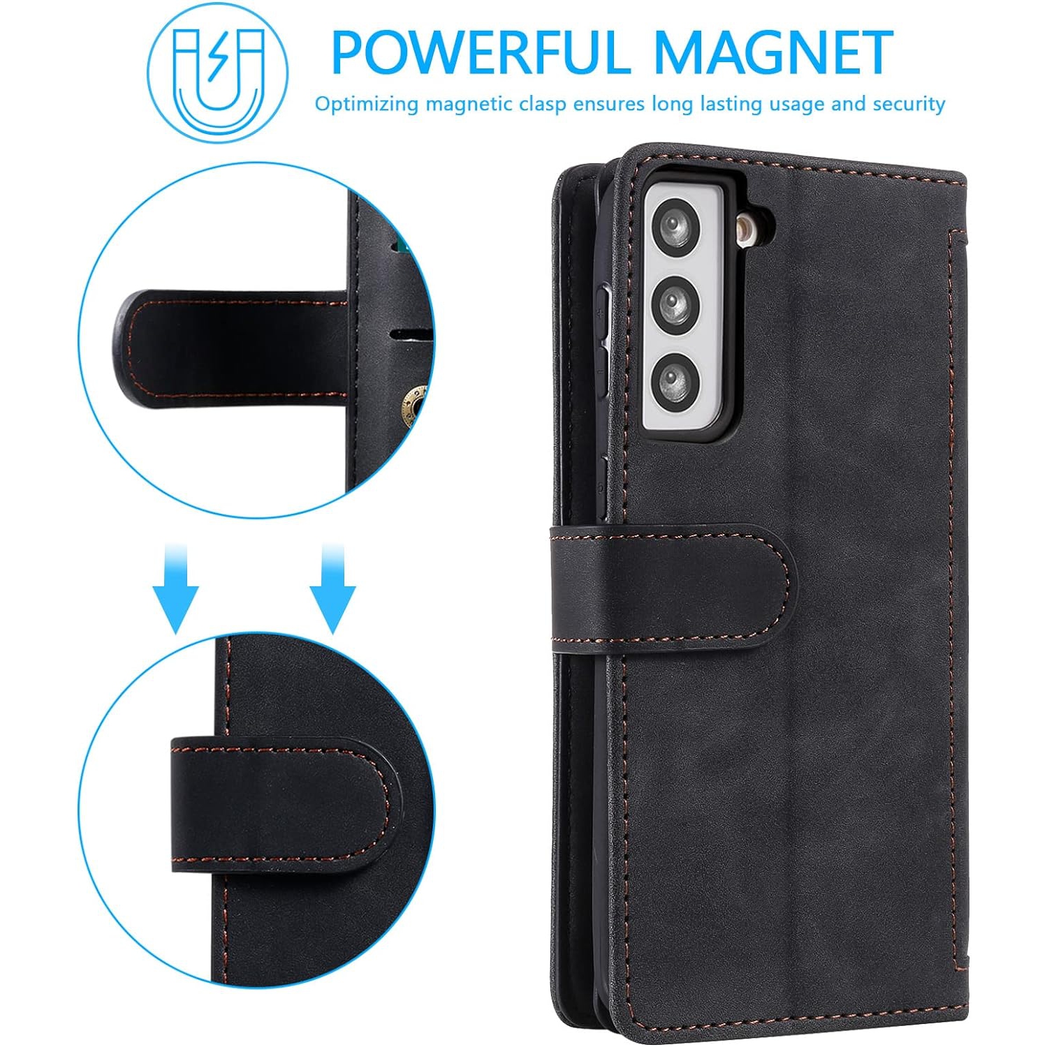 Wallet Case for Samsung S22, Retro Matte 9 Card Holder Slots Zipper Pocket Case PU Leather Magnetic Closure Kickstand with Wrist Strap Folio Flip