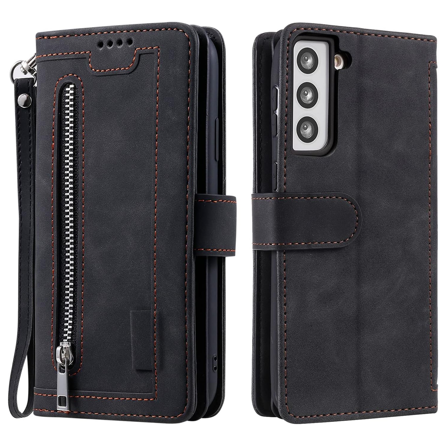 Wallet Case for Samsung S22, Retro Matte 9 Card Holder Slots Zipper Pocket Case PU Leather Magnetic Closure Kickstand with Wrist Strap Folio Flip