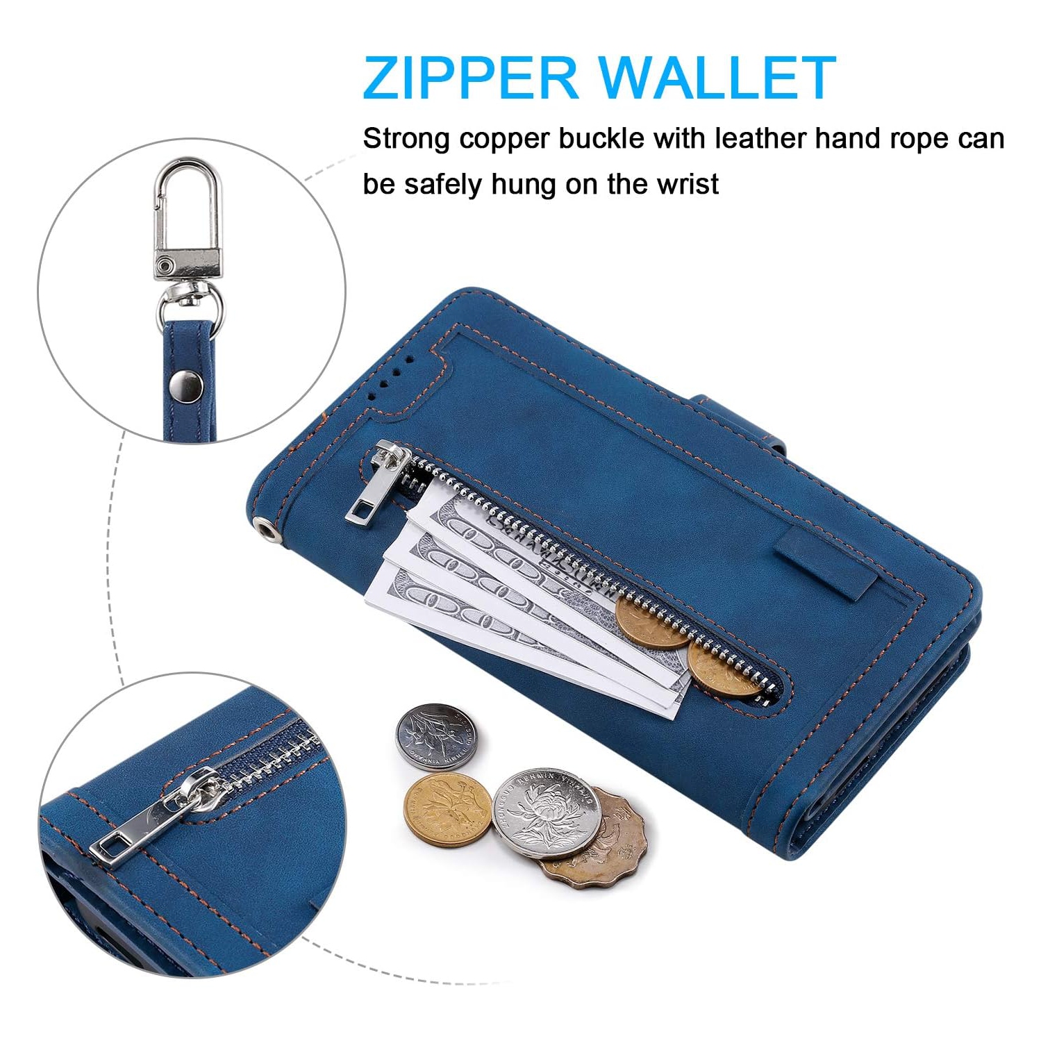 Wallet Case for iPhone 12 PRO MAX, Retro Matte 9 Card Holder Slots Zipper Pocket Case PU Leather Magnetic Closure Kickstand with Wrist Strap Folio