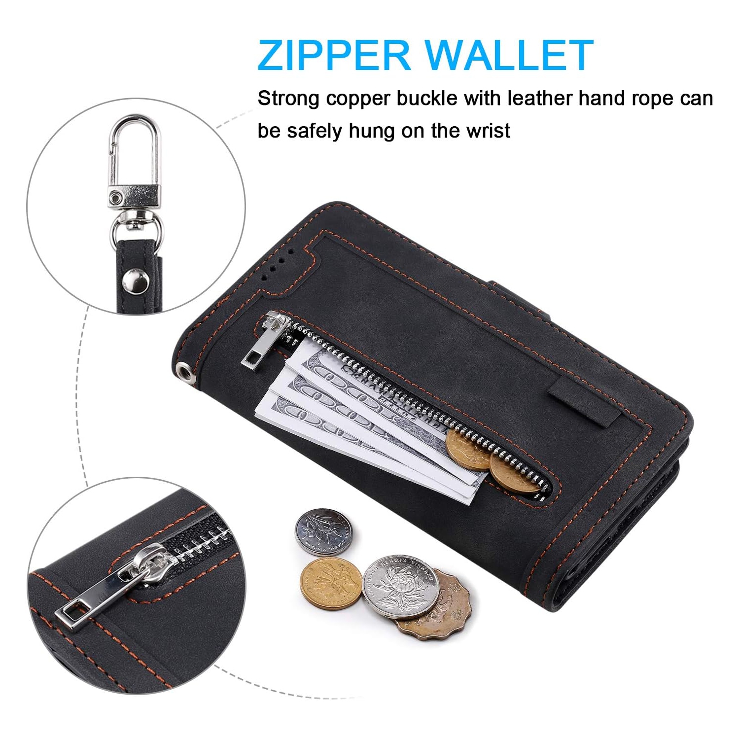 Wallet Case for iPhone 12 PRO MAX, Retro Matte 9 Card Holder Slots Zipper Pocket Case PU Leather Magnetic Closure Kickstand with Wrist Strap Folio