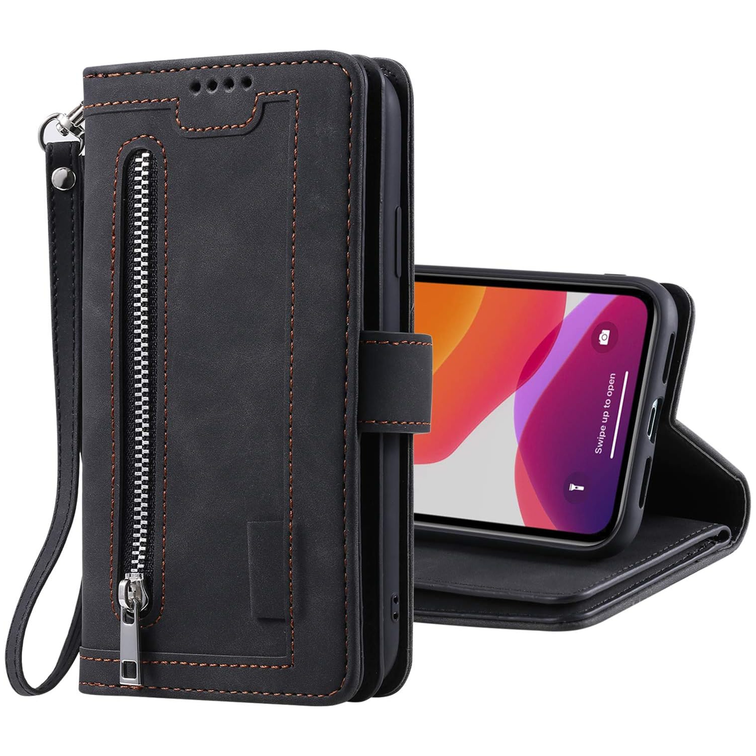 Wallet Case for iPhone 12 PRO MAX, Retro Matte 9 Card Holder Slots Zipper Pocket Case PU Leather Magnetic Closure Kickstand with Wrist Strap Folio