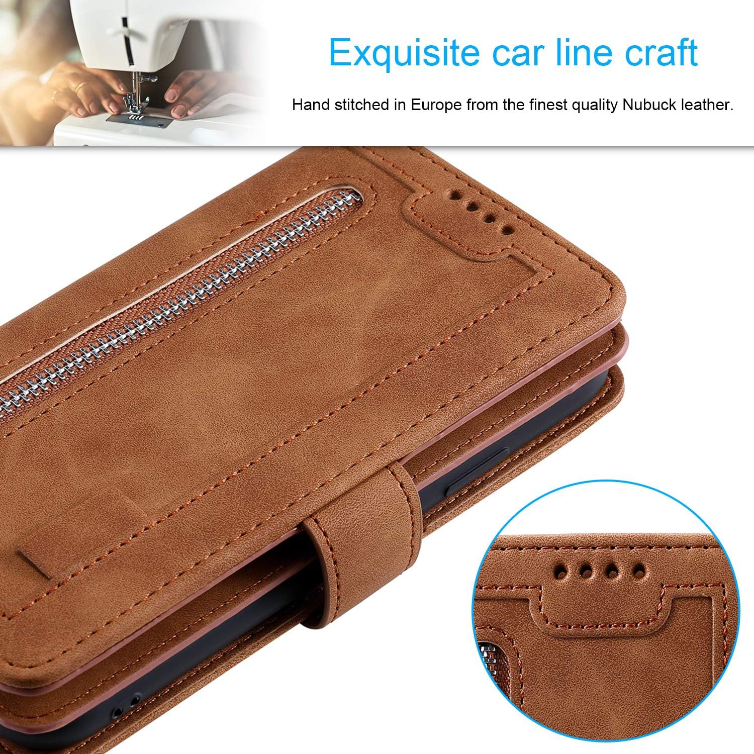 Wallet Case for Samsung S21 ULTRA, Retro Matte 9 Card Holder Slots Zipper Pocket Case PU Leather Magnetic Closure Kickstand with Wrist Strap Folio