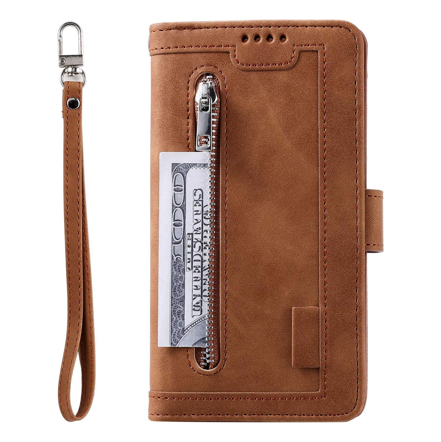 Wallet Case for Samsung S21 ULTRA, Retro Matte 9 Card Holder Slots Zipper Pocket Case PU Leather Magnetic Closure Kickstand with Wrist Strap Folio