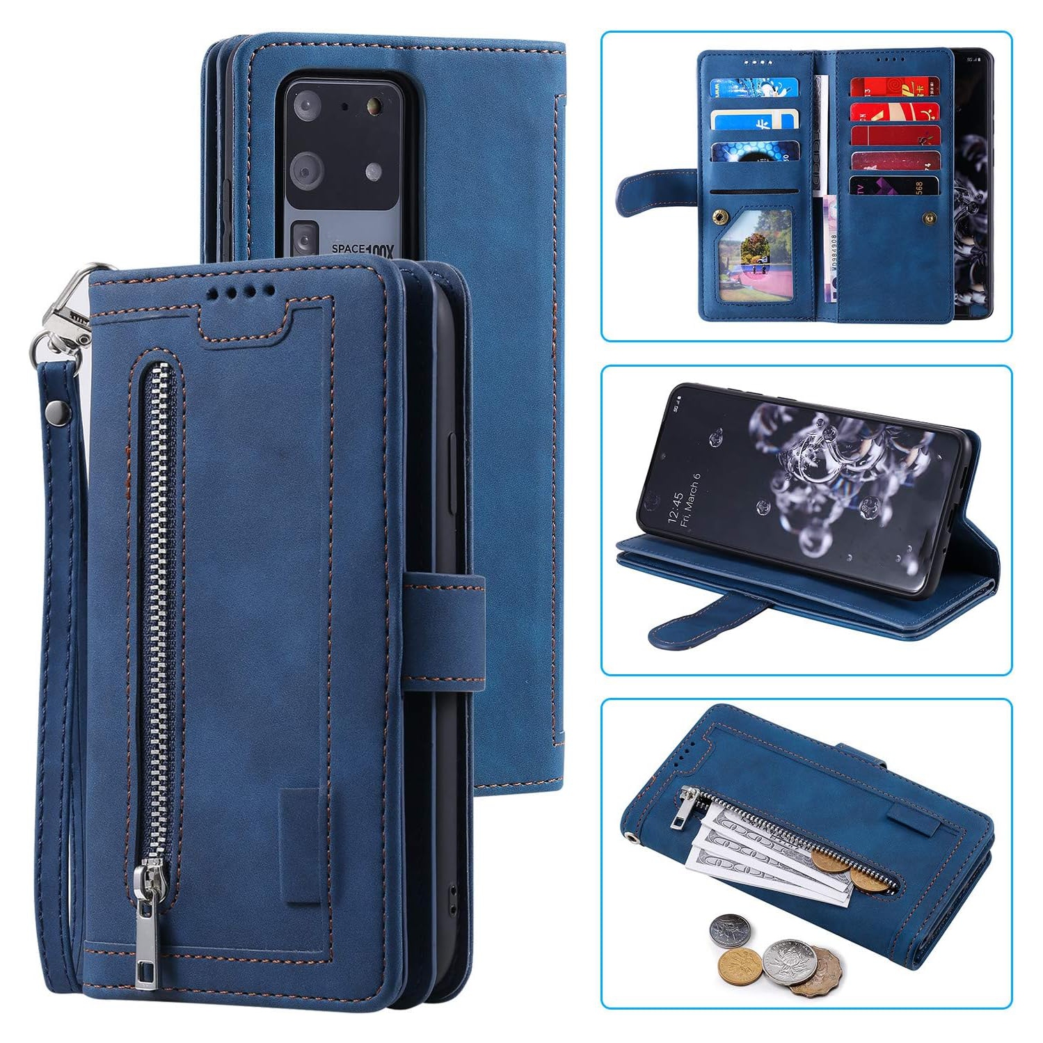 Wallet Case for iPhone 14 PRO MAX, Retro Matte 9 Card Holder Slots Zipper Pocket Case PU Leather Magnetic Closure Kickstand with Wrist Strap Folio