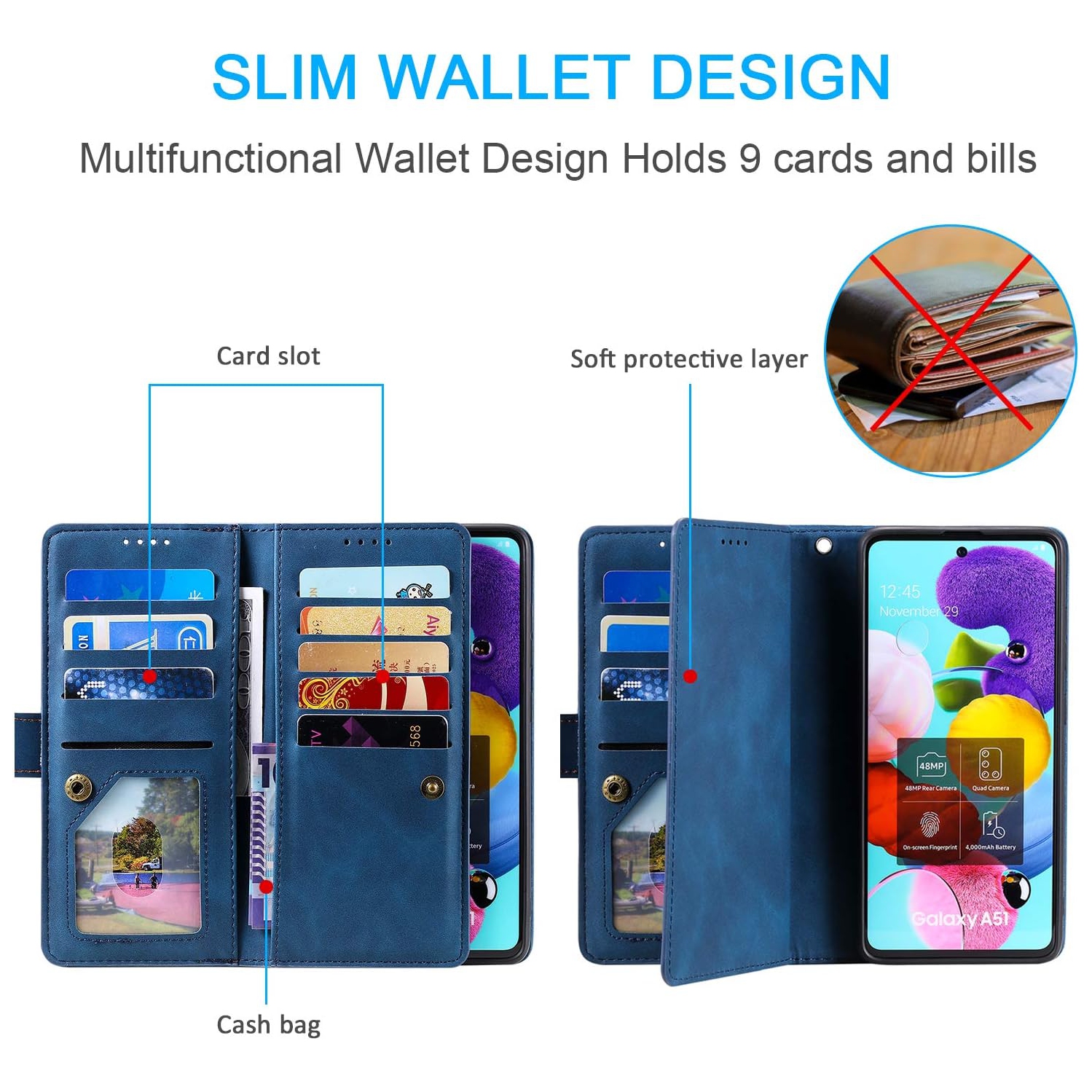 Wallet Case for iPhone 14 PRO MAX, Retro Matte 9 Card Holder Slots Zipper Pocket Case PU Leather Magnetic Closure Kickstand with Wrist Strap Folio