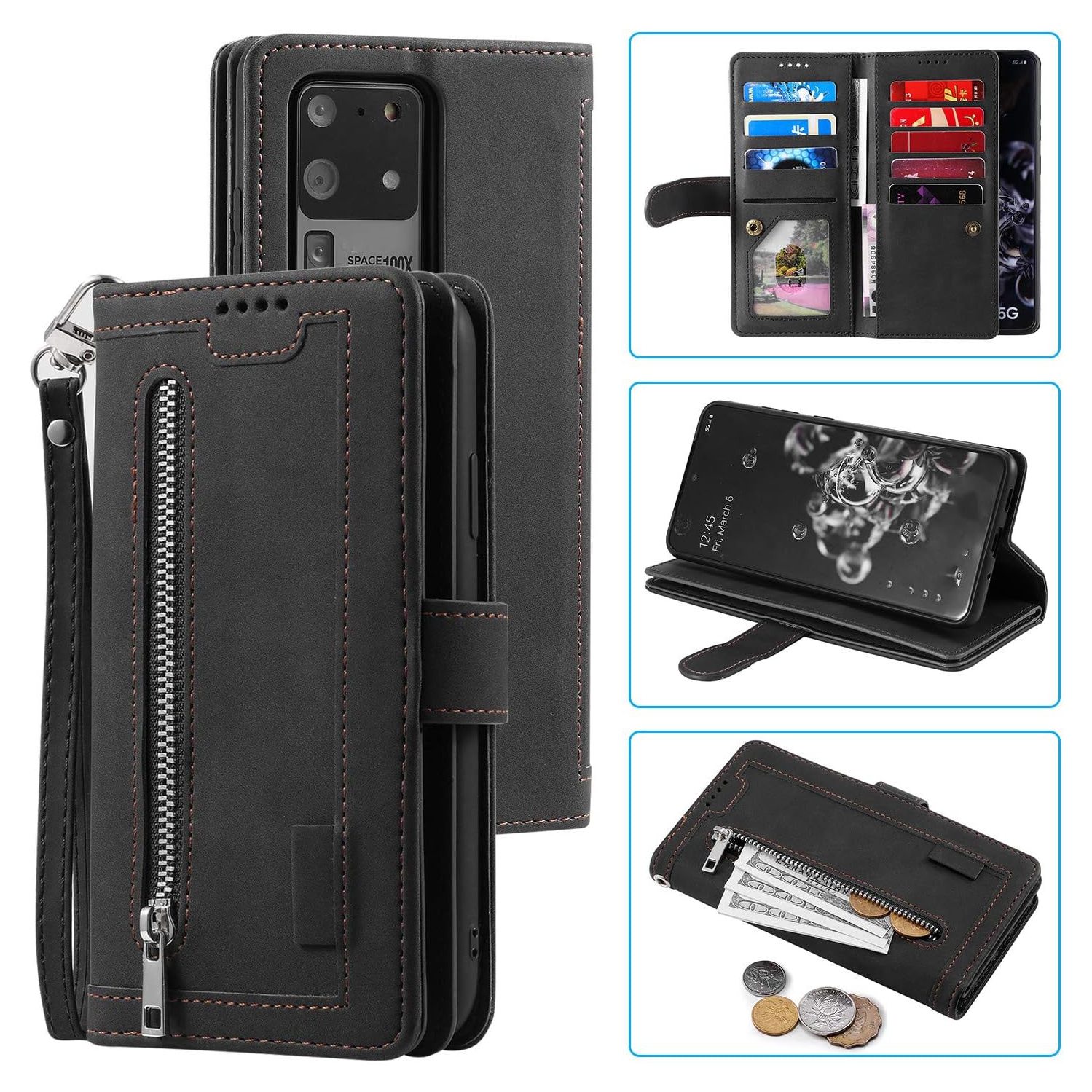 Wallet Case for Samsung Note 20 ULTRA, Retro Matte 9 Card Holder Slots Zipper Pocket Case PU Leather Magnetic Closure Kickstand with Wrist Strap