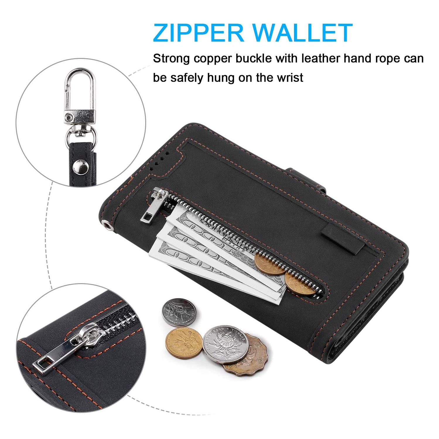 Wallet Case for Samsung Note 20 ULTRA, Retro Matte 9 Card Holder Slots Zipper Pocket Case PU Leather Magnetic Closure Kickstand with Wrist Strap