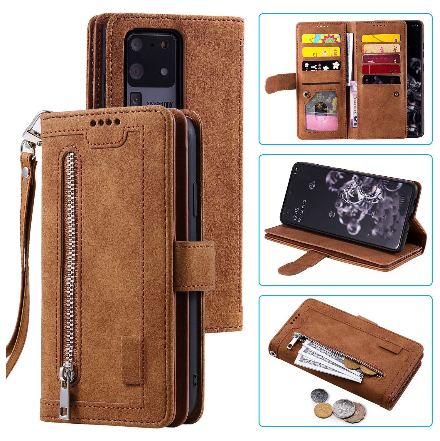 Wallet Case for Samsung Note 20 ULTRA, Retro Matte 9 Card Holder Slots Zipper Pocket Case PU Leather Magnetic Closure Kickstand with Wrist Strap