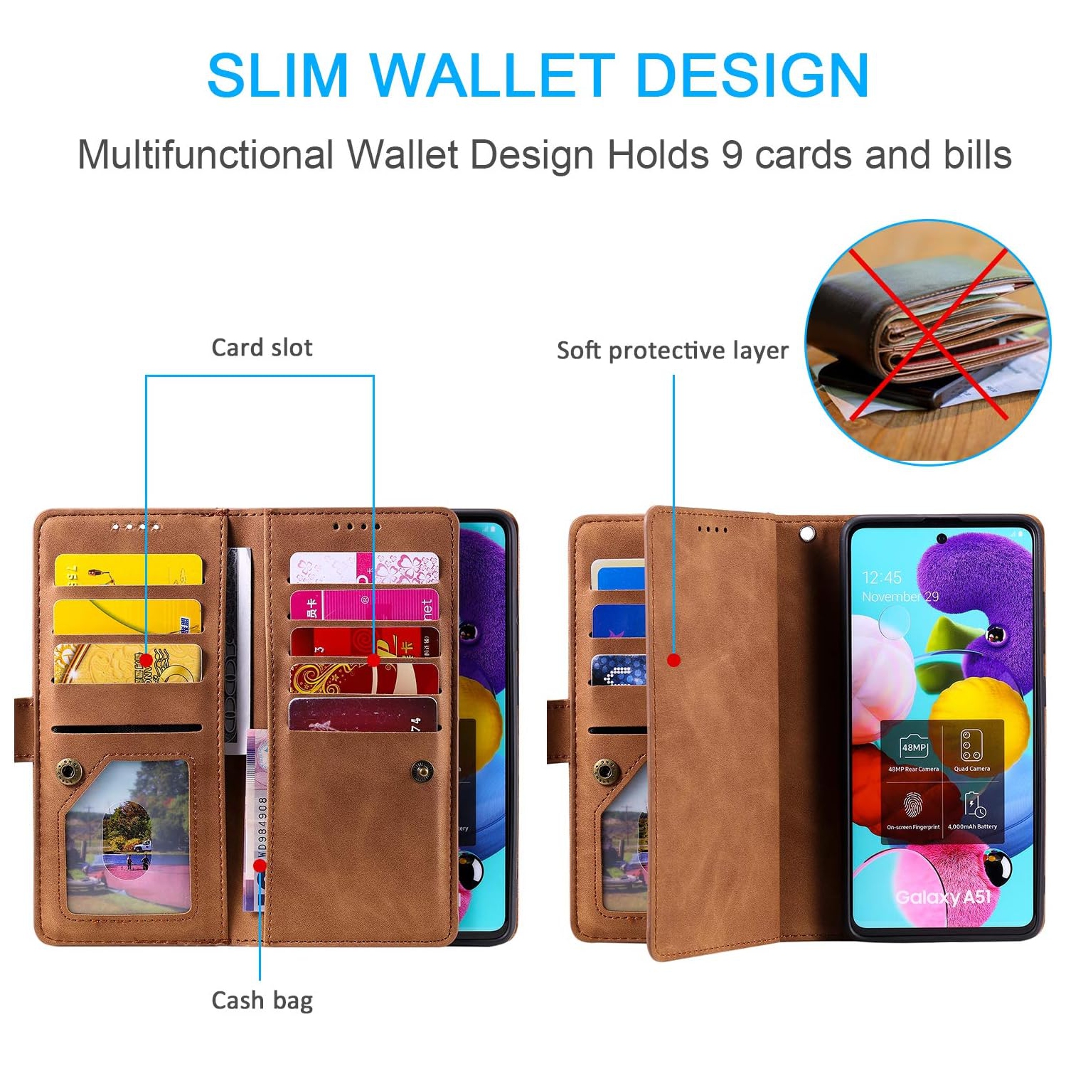 Wallet Case for Samsung Note 20 ULTRA, Retro Matte 9 Card Holder Slots Zipper Pocket Case PU Leather Magnetic Closure Kickstand with Wrist Strap