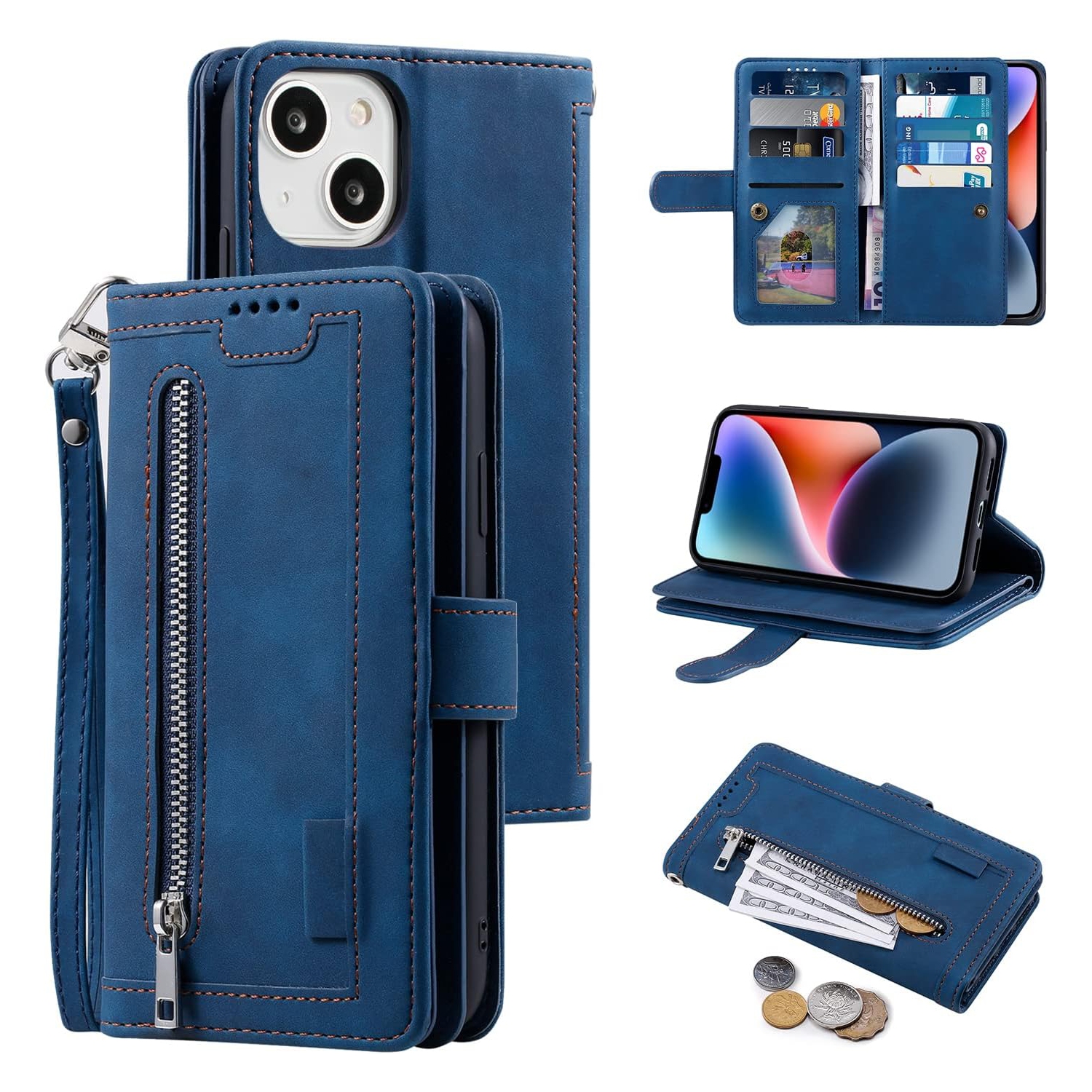 Étui portefeuille pour iPhone 13, Retro Matte 9 fentes pour cartes étui à fermeture à glissière Support magnétique en cuir pu béquille avec dragonne