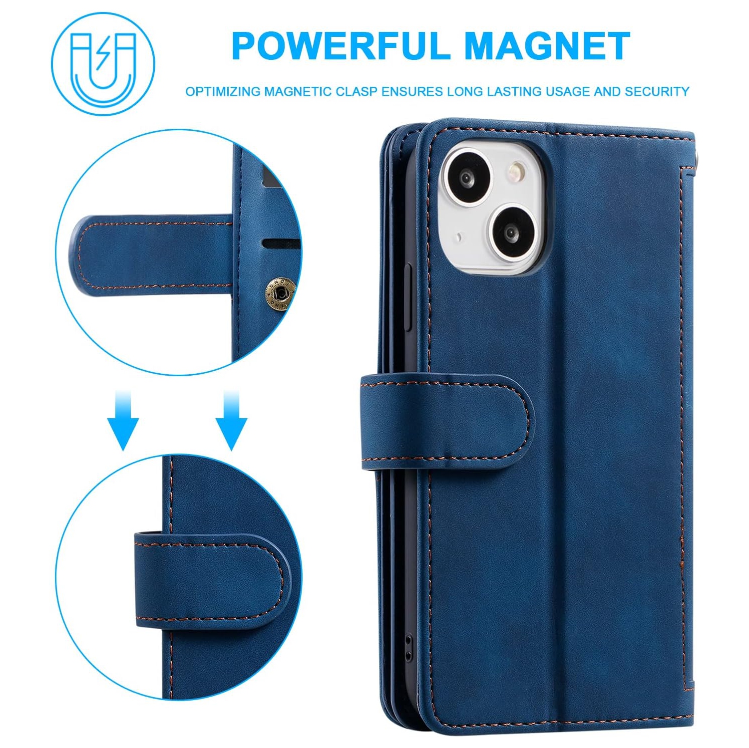 Étui portefeuille pour iPhone 13, Retro Matte 9 fentes pour cartes étui à fermeture à glissière Support magnétique en cuir pu béquille avec dragonne
