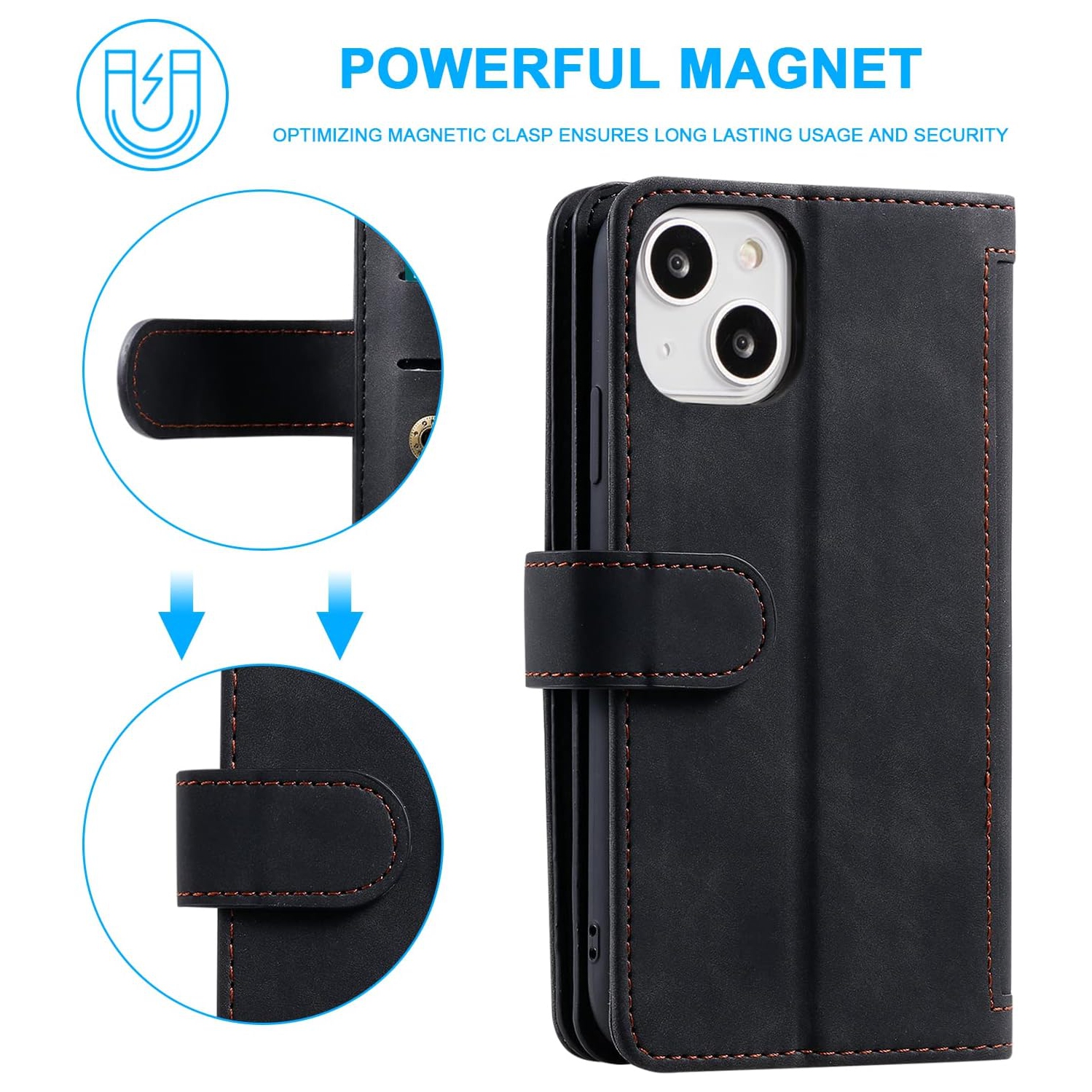 Wallet Case for iPhone 13, Retro Matte 9 Card Holder Slots Zipper Pocket Case PU Leather Magnetic Closure Kickstand with Wrist Strap Folio Flip