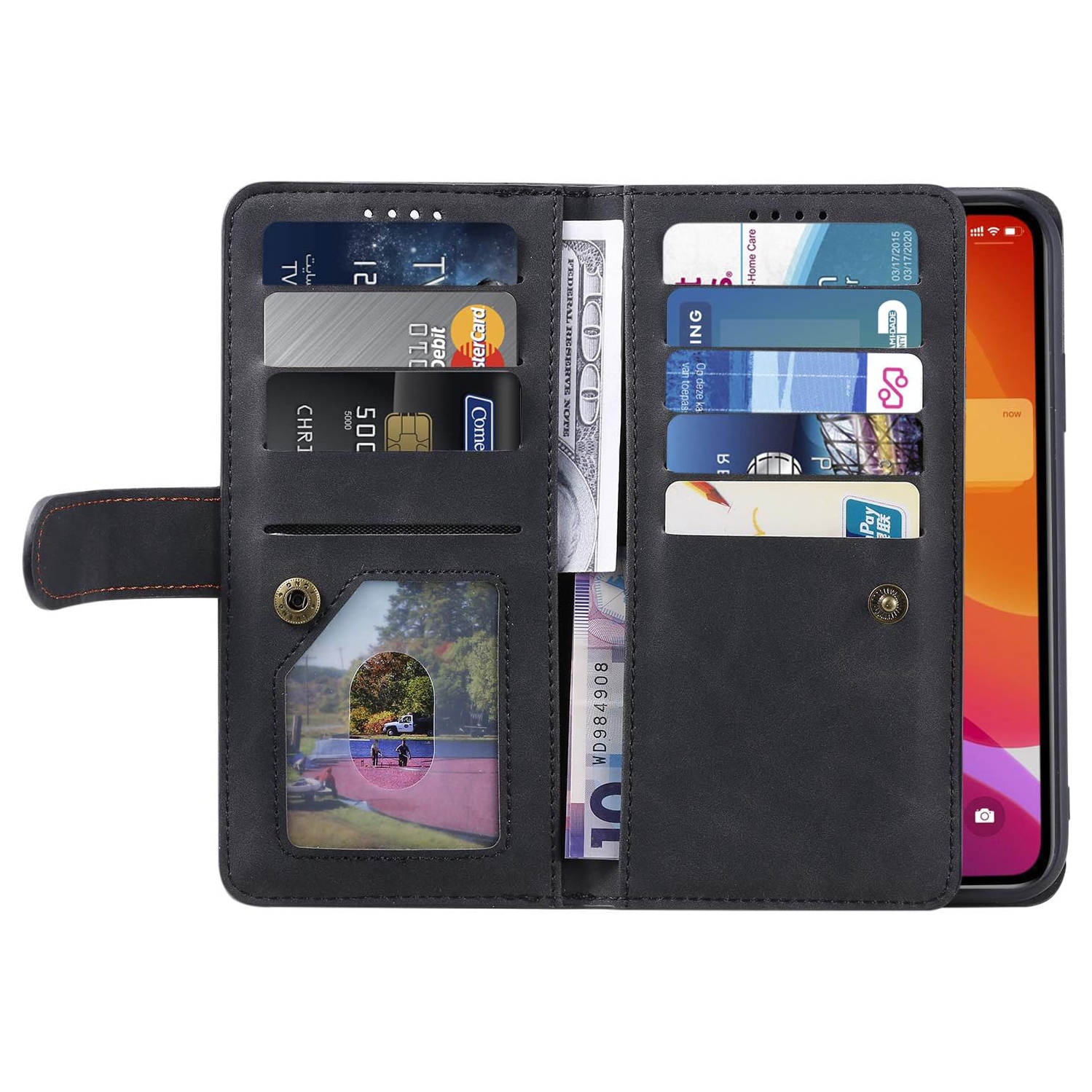 Wallet Case for iPhone 13, Retro Matte 9 Card Holder Slots Zipper Pocket Case PU Leather Magnetic Closure Kickstand with Wrist Strap Folio Flip