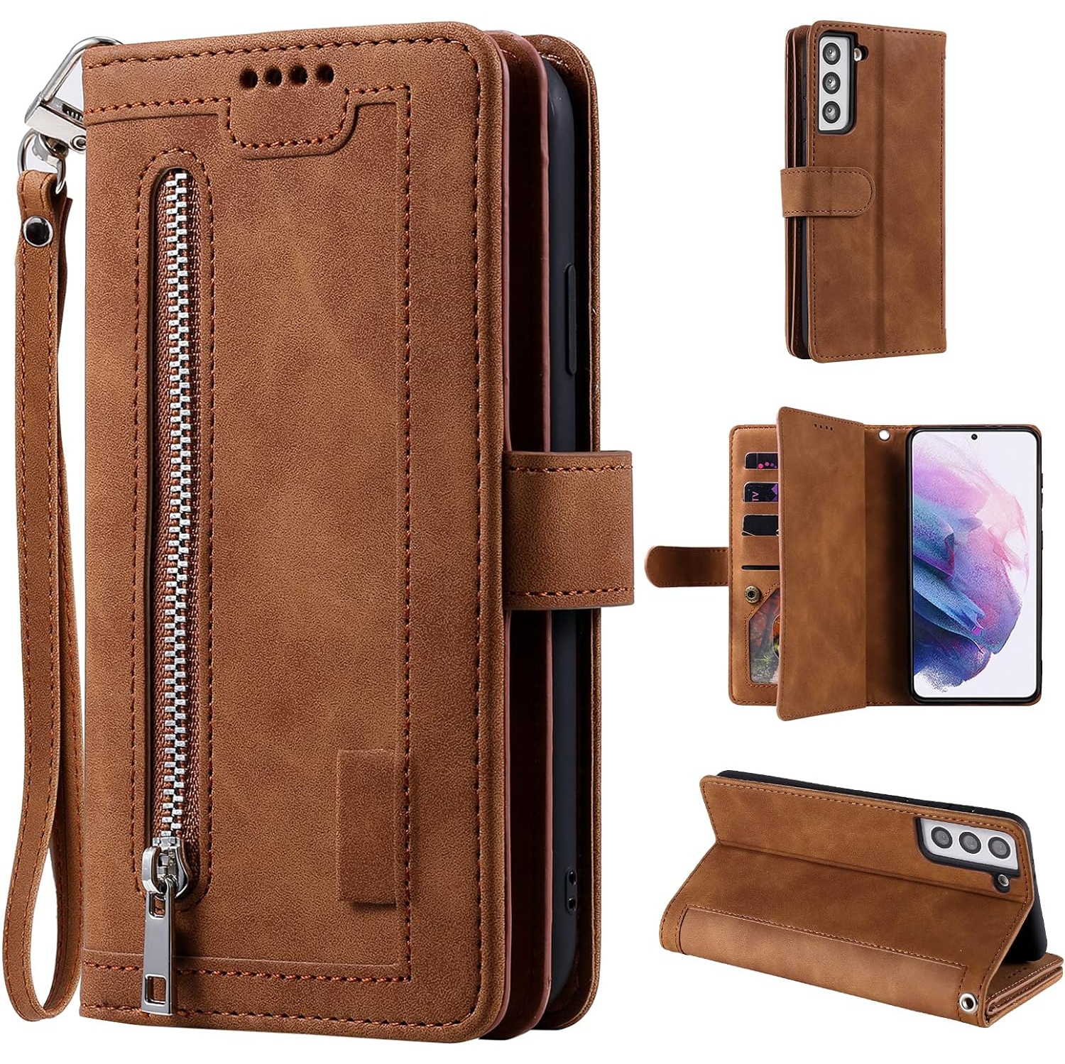 Étui portefeuille pour Samsung S22 PLUS, Retro Matte 9 fentes pour cartes étui à fermeture à glissière béquille en cuir pu avec dragonne Étui folio