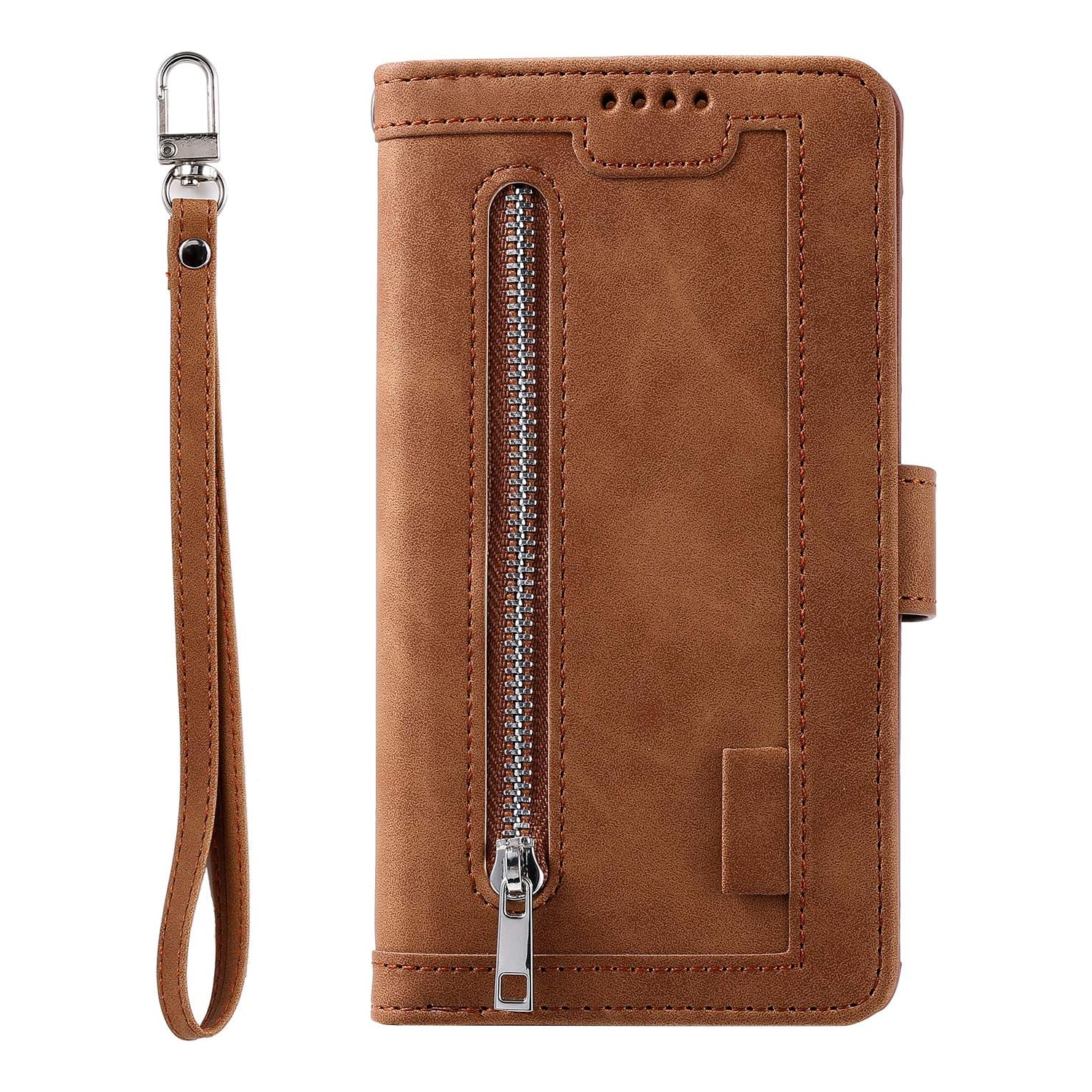 Étui portefeuille pour Samsung S22 PLUS, Retro Matte 9 fentes pour cartes étui à fermeture à glissière béquille en cuir pu avec dragonne Étui folio